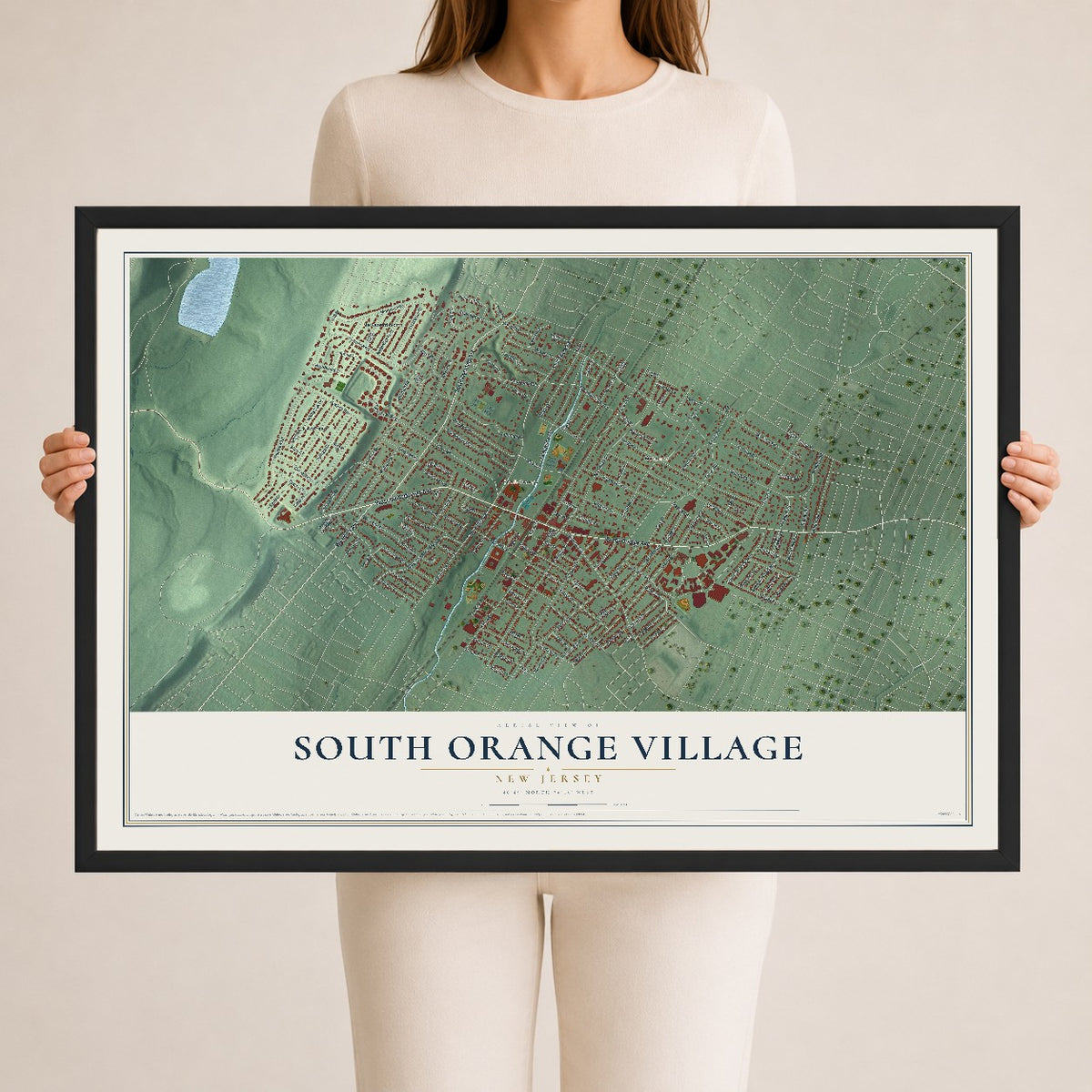 South Orange Village, New Jersey map print, 24" x 36" W/ Black Ayous Wood Frame mockup