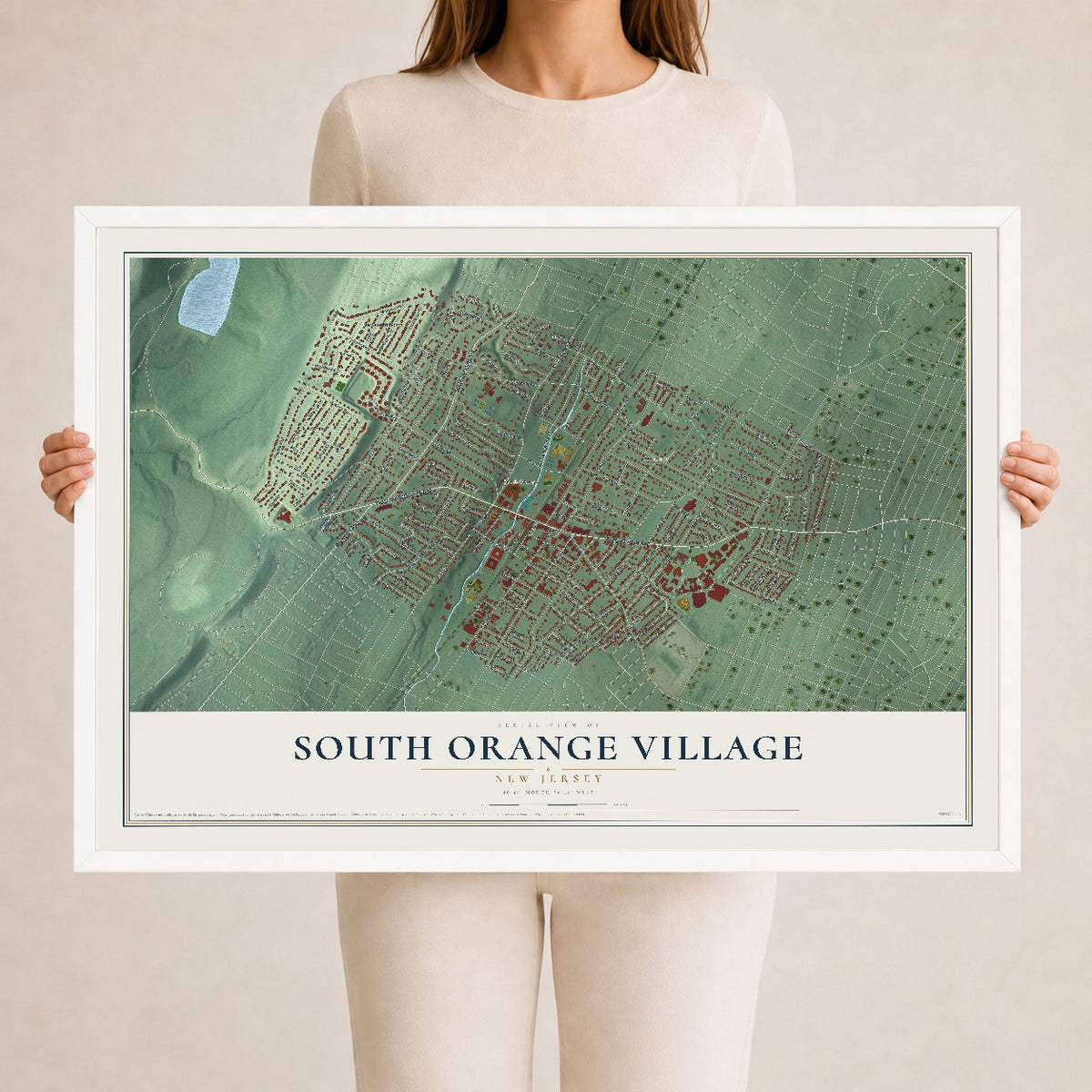 South Orange Village, New Jersey map print, 24" x 36" W/ White Ayous Wood Frame mockup