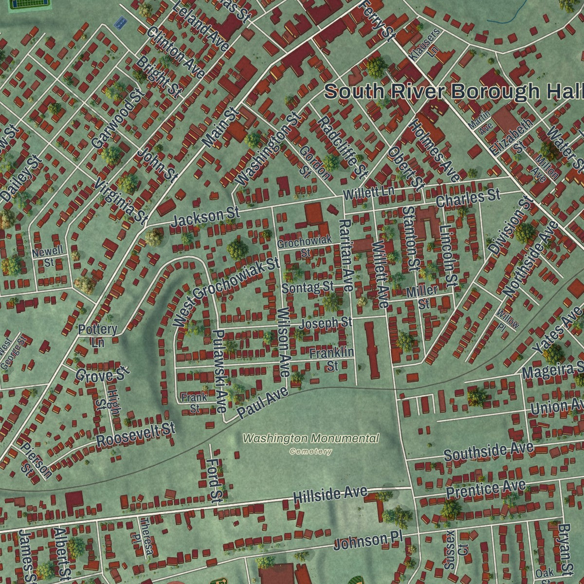 Close-up 1 of the South River, New Jersey map artwork