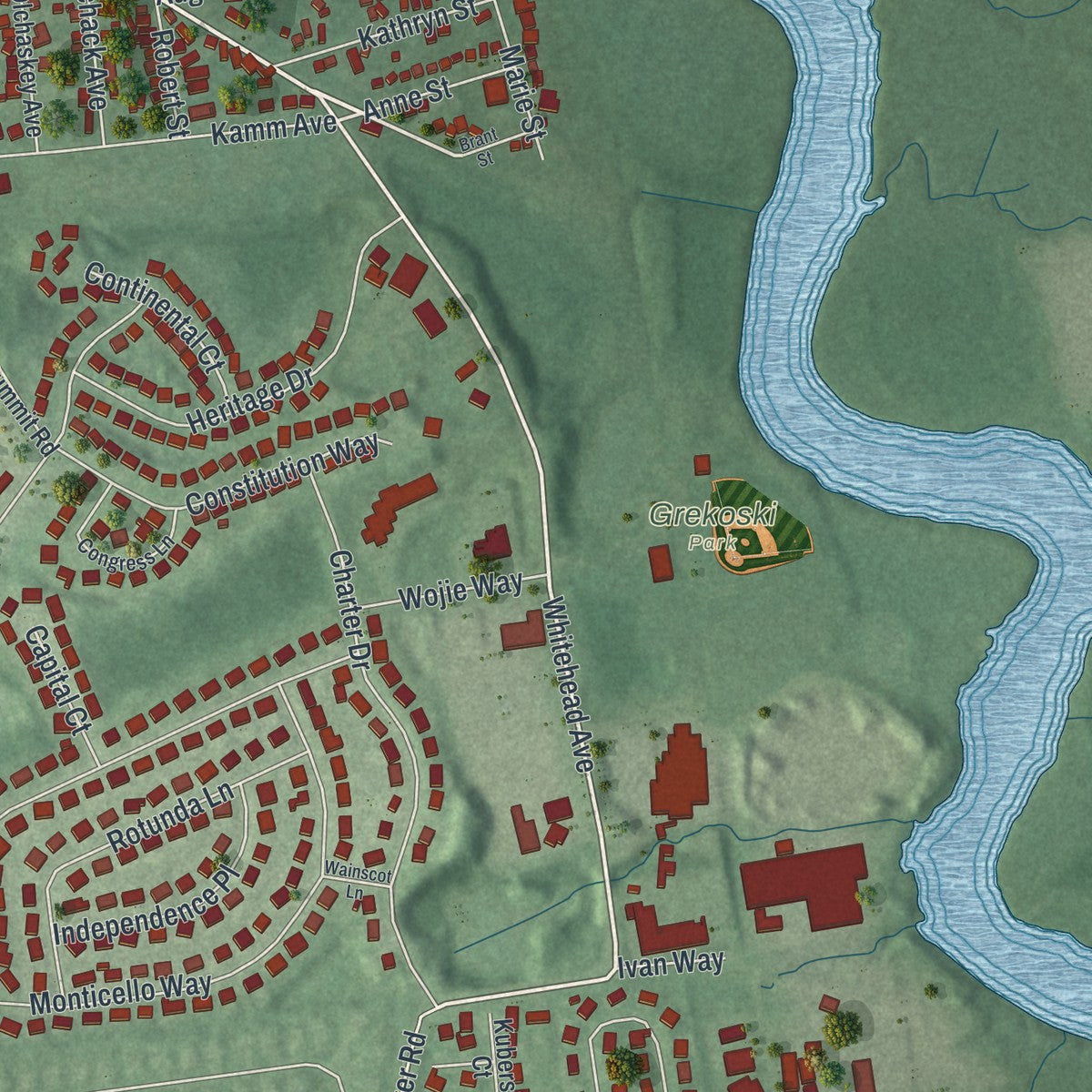 Close-up 2 of the South River, New Jersey map artwork
