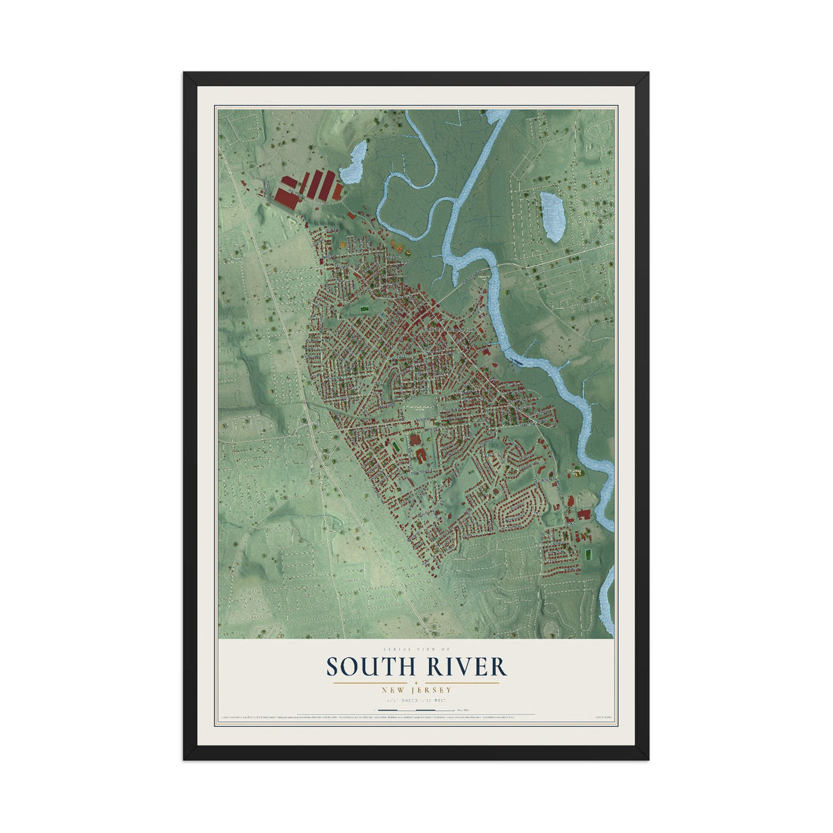 South River, New Jersey map print, 12" x 18" W/ Black Ayous Wood Frame mockup