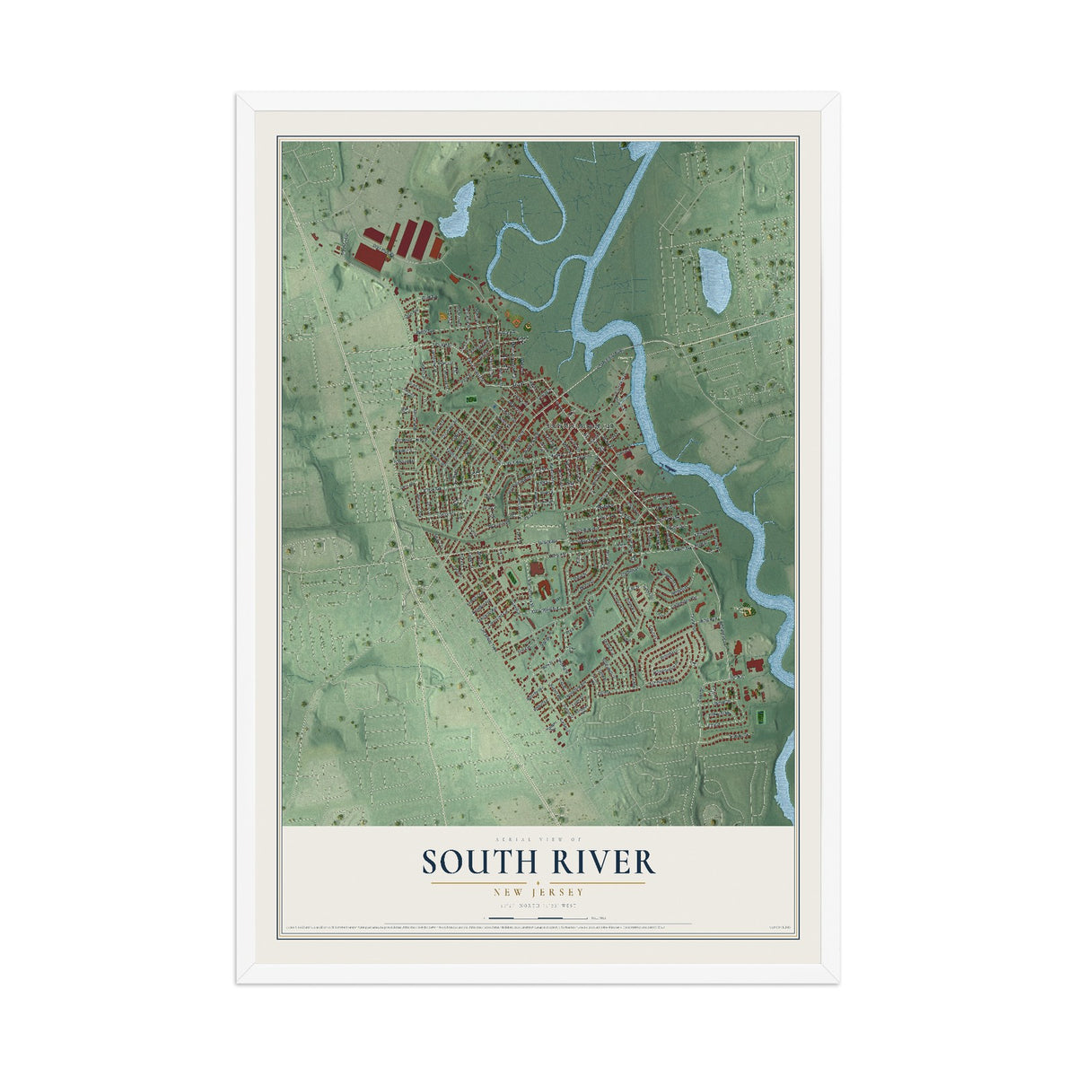 South River, New Jersey map print, 12" x 18" W/ White Ayous Wood Frame mockup