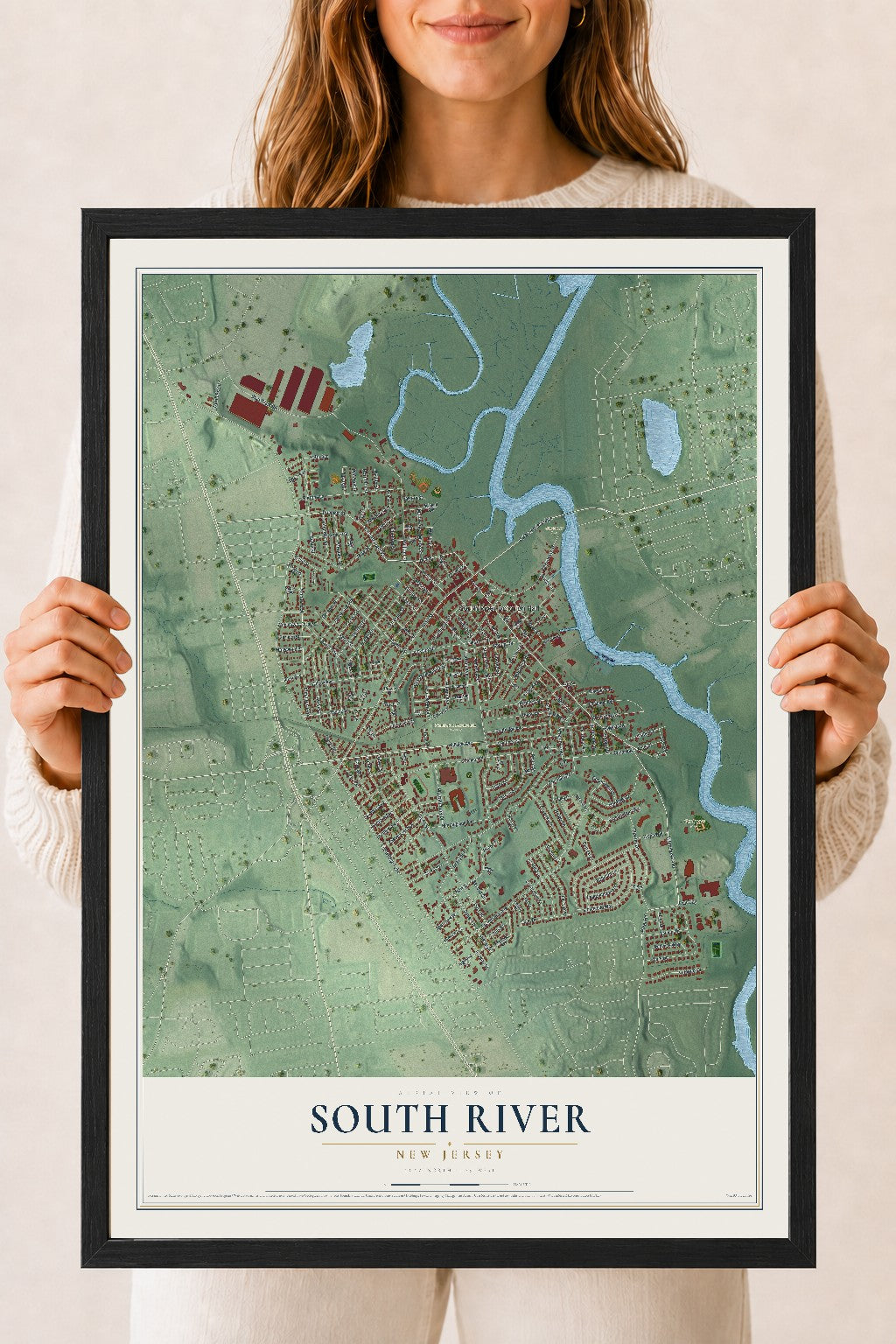 South River, New Jersey map print, 18" x 24" W/ Black Ayous Wood Frame mockup