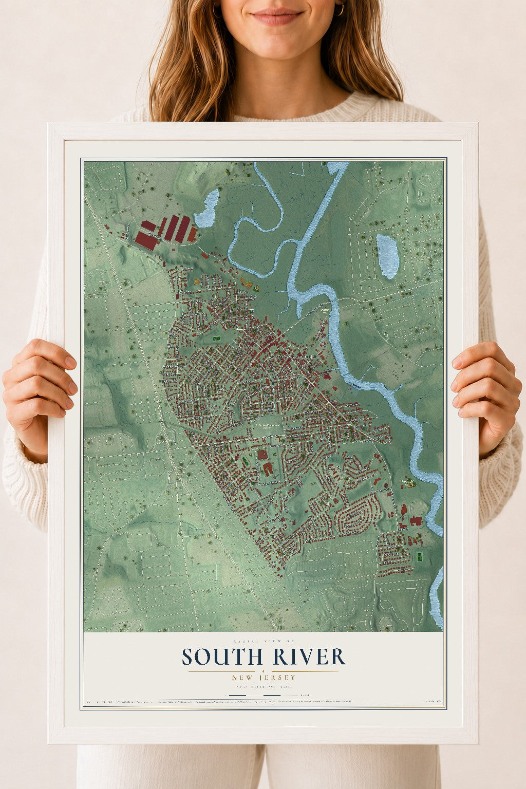South River, New Jersey map print, 18" x 24" W/ White Ayous Wood Frame mockup