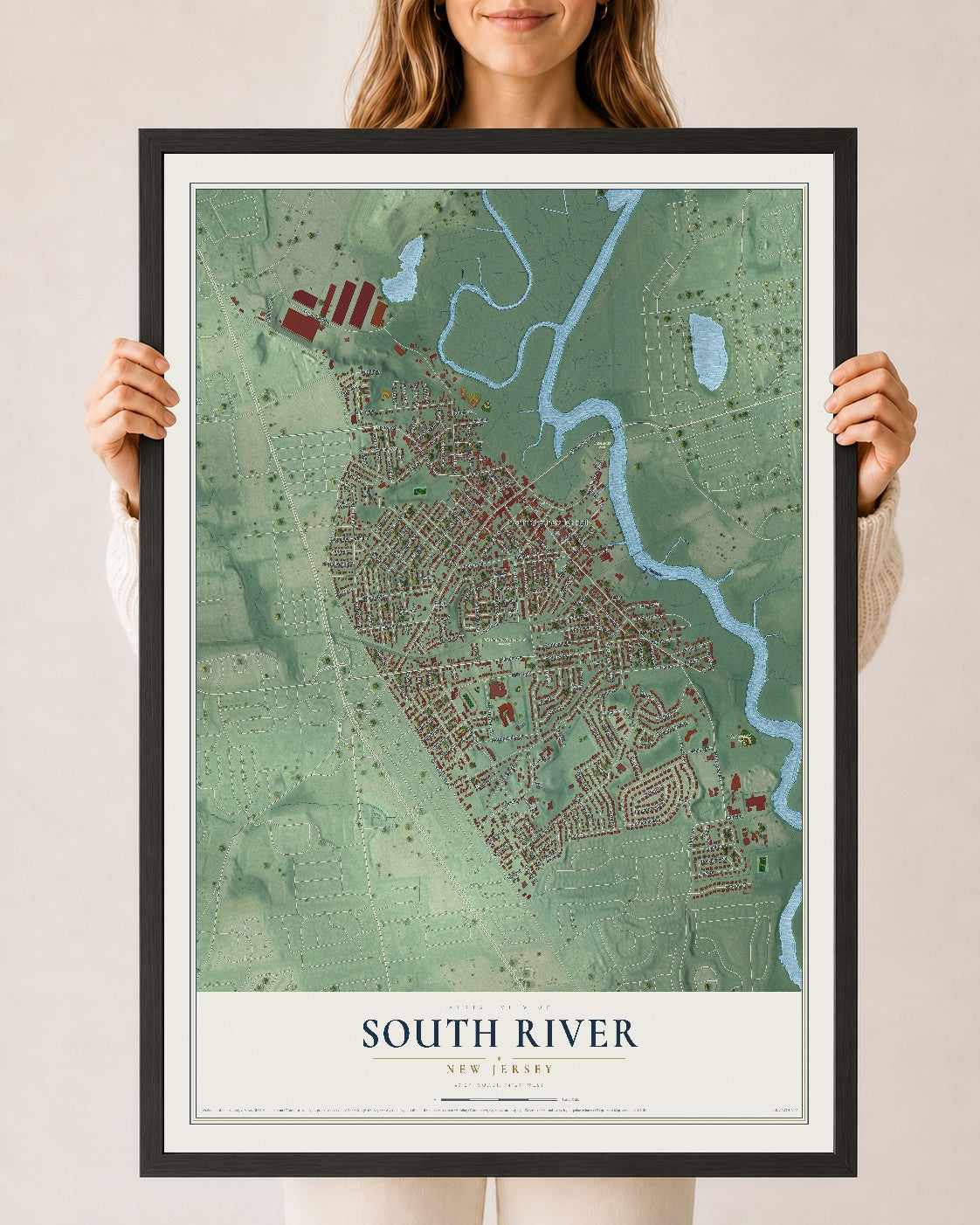 South River, New Jersey map print, 24" x 36" W/ Black Ayous Wood Frame mockup