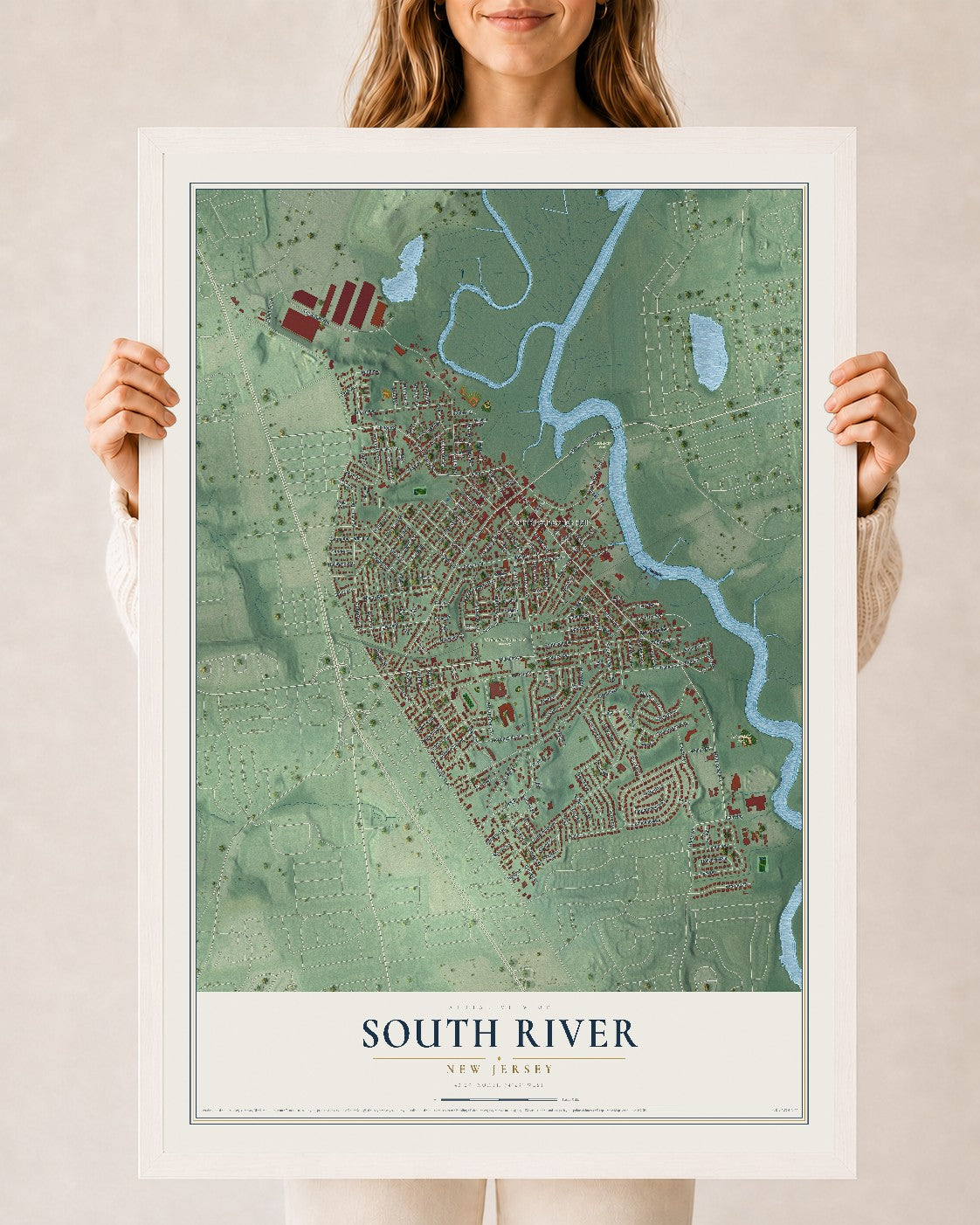 South River, New Jersey map print, 24" x 36" W/ White Ayous Wood Frame mockup