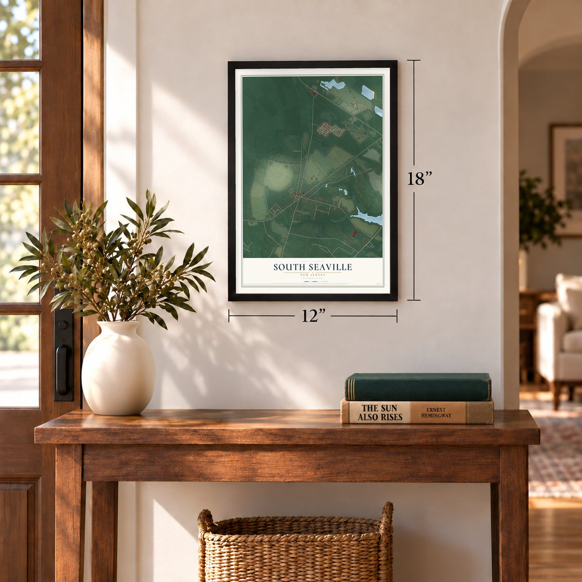 South Seaville, New Jersey map, 12 x 18 inch print in a black frame in an entryway