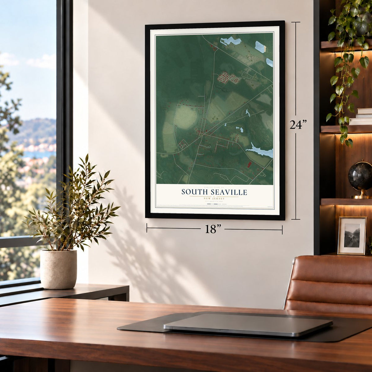 South Seaville, New Jersey map, 18 x 24 inch print in a black frame in a home office