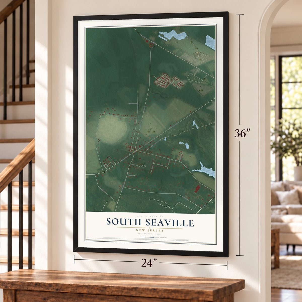 South Seaville, New Jersey map, 24 x 36 inch print in a black frame by a staircase