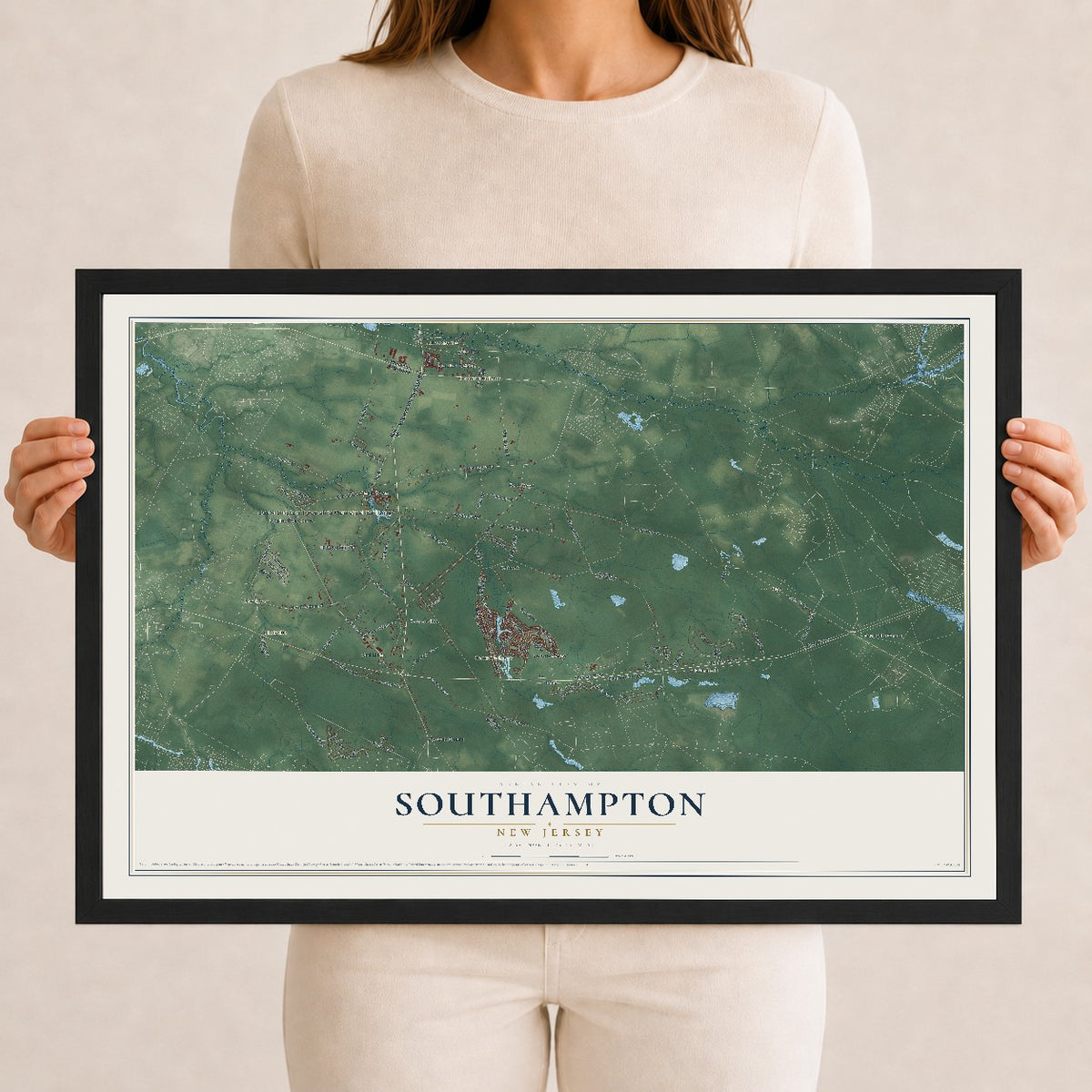 Southampton, New Jersey map print, 12" x 18" W/ Black Ayous Wood Frame mockup