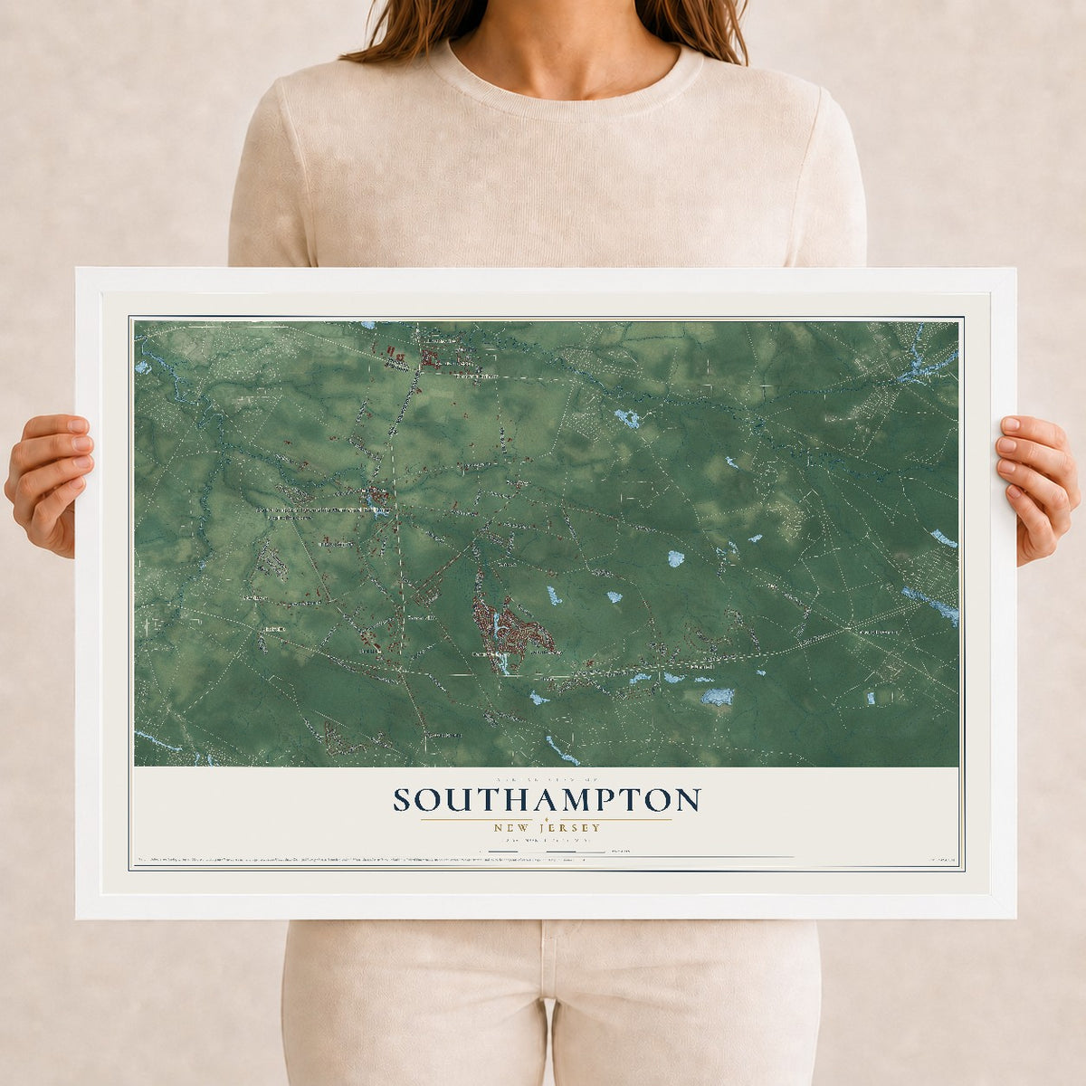 Southampton, New Jersey map print, 12" x 18" W/ White Ayous Wood Frame mockup