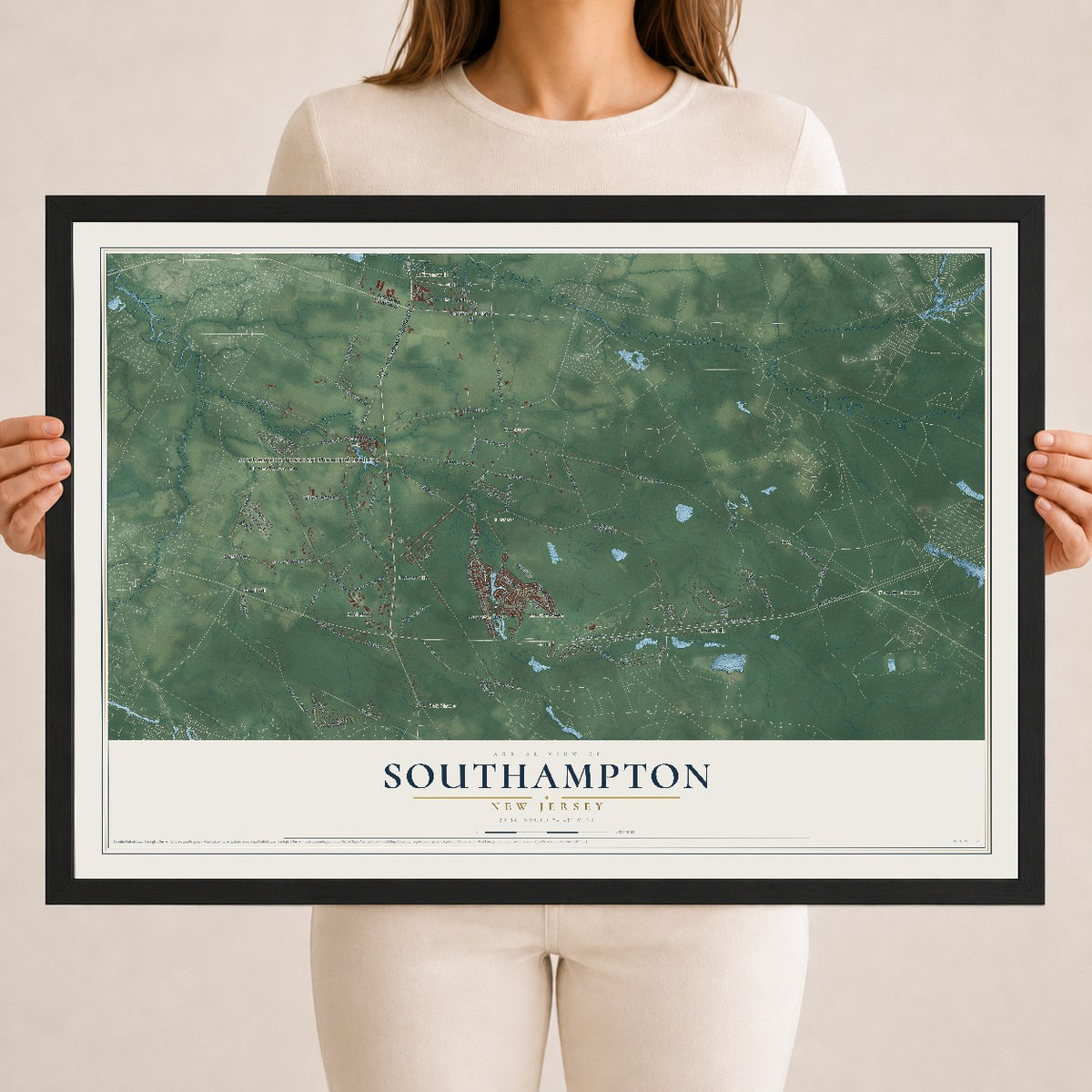 Southampton, New Jersey map print, 18" x 24" W/ Black Ayous Wood Frame mockup
