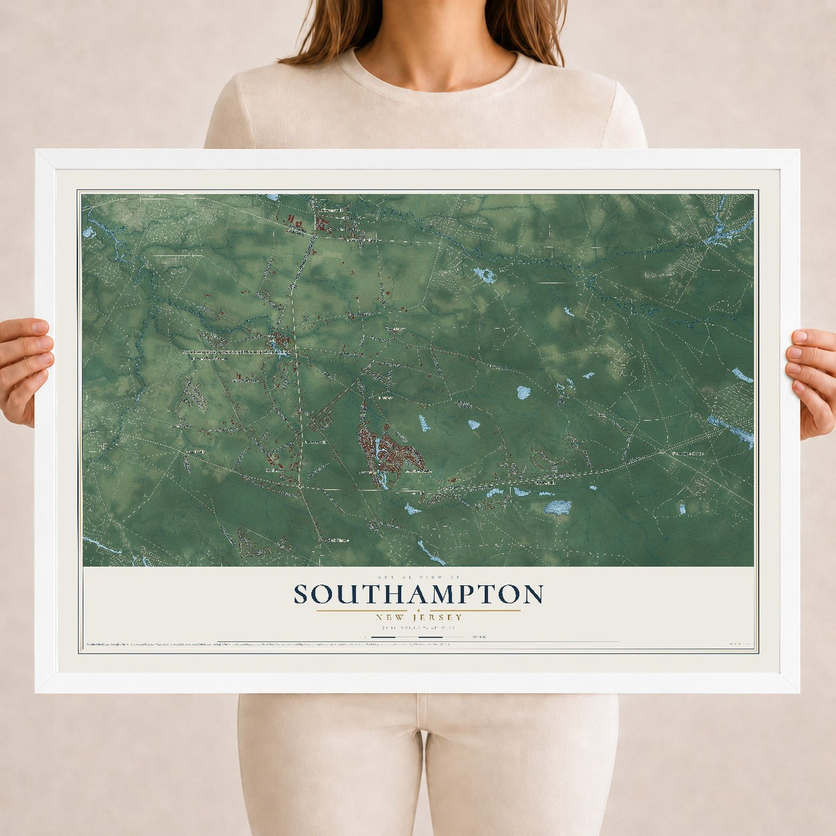 Southampton, New Jersey map print, 18" x 24" W/ White Ayous Wood Frame mockup
