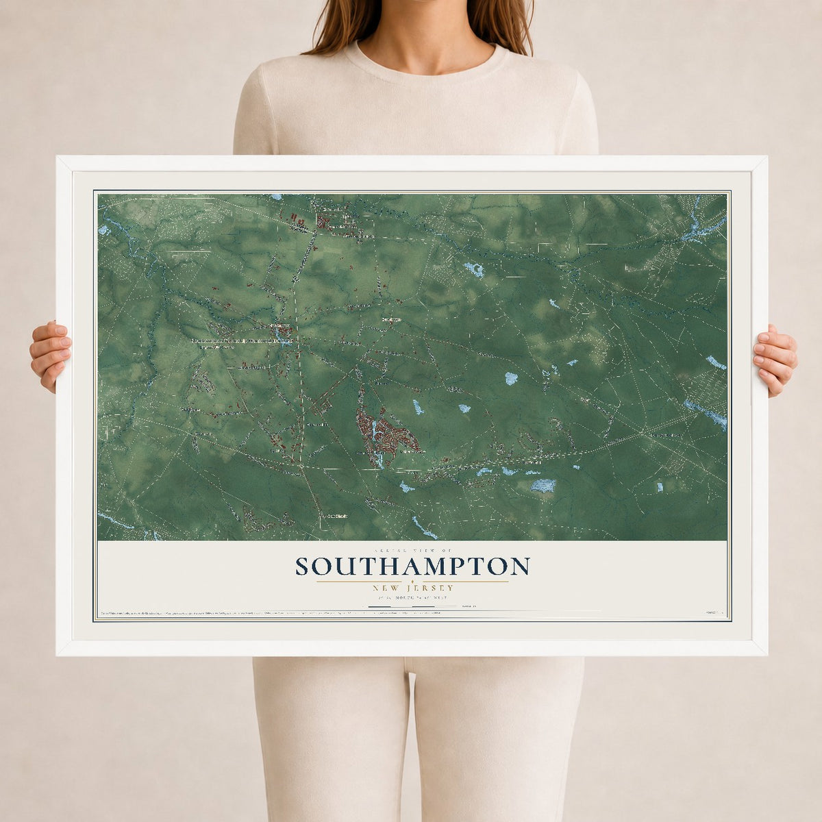 Southampton, New Jersey map print, 24" x 36" W/ White Ayous Wood Frame mockup