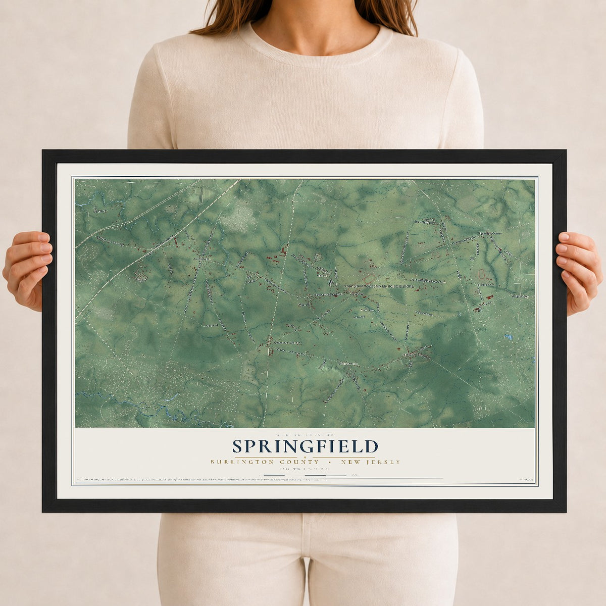 Springfield, New Jersey map print, 12" x 18" W/ Black Ayous Wood Frame mockup