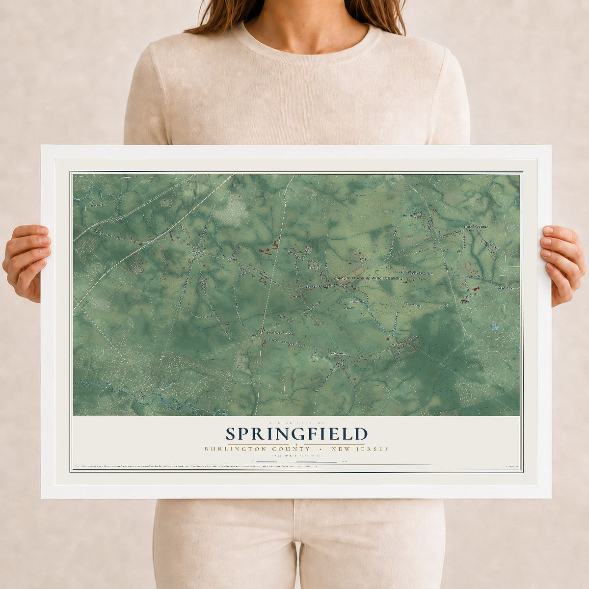 Springfield, New Jersey map print, 12" x 18" W/ White Ayous Wood Frame mockup