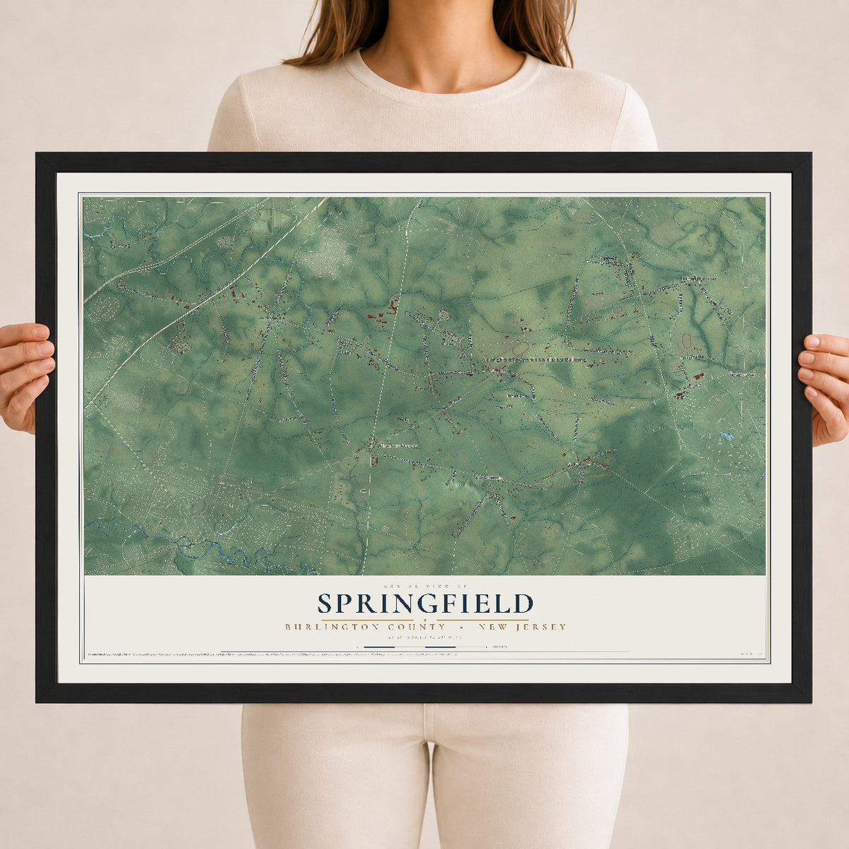 Springfield, New Jersey map print, 18" x 24" W/ Black Ayous Wood Frame mockup