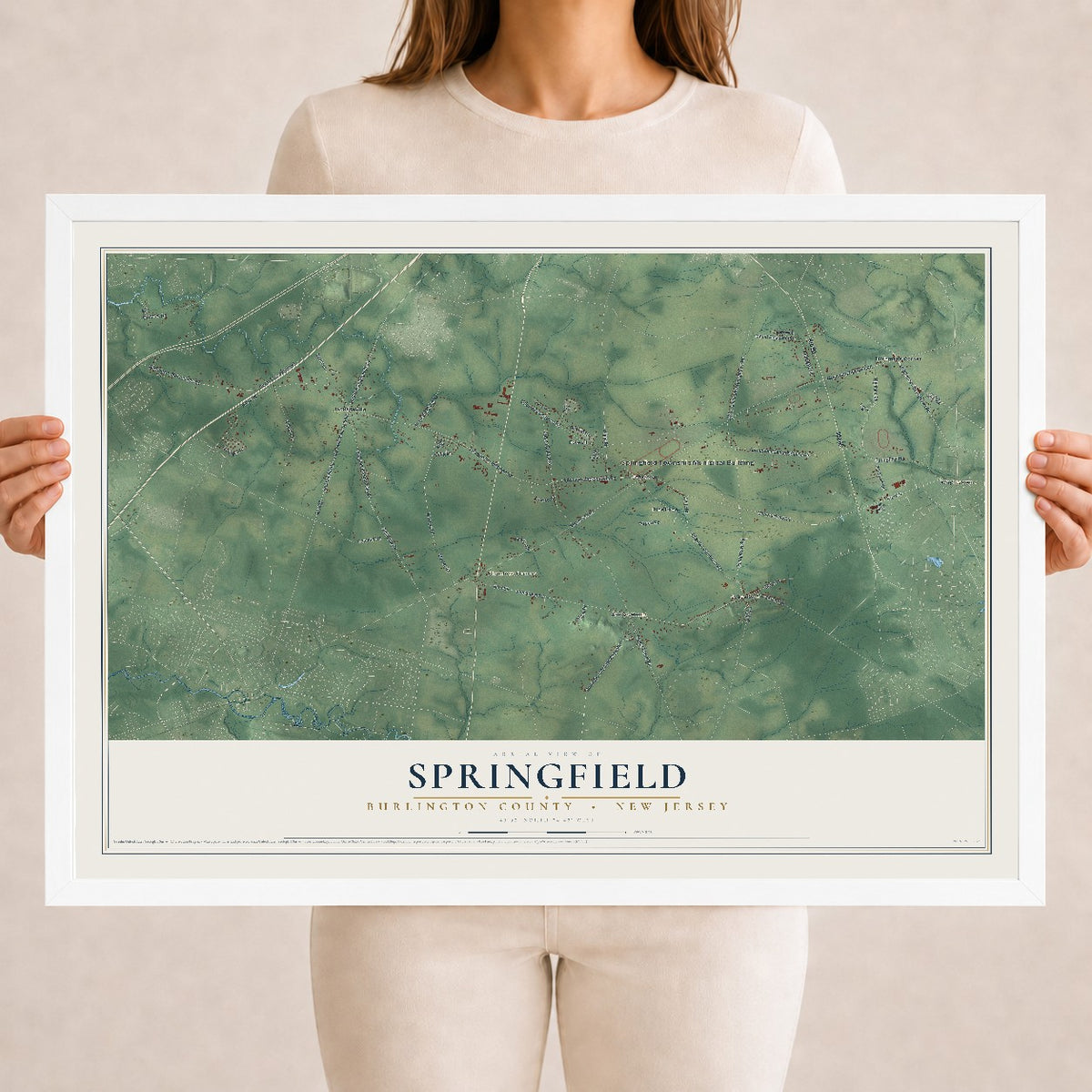 Springfield, New Jersey map print, 18" x 24" W/ White Ayous Wood Frame mockup