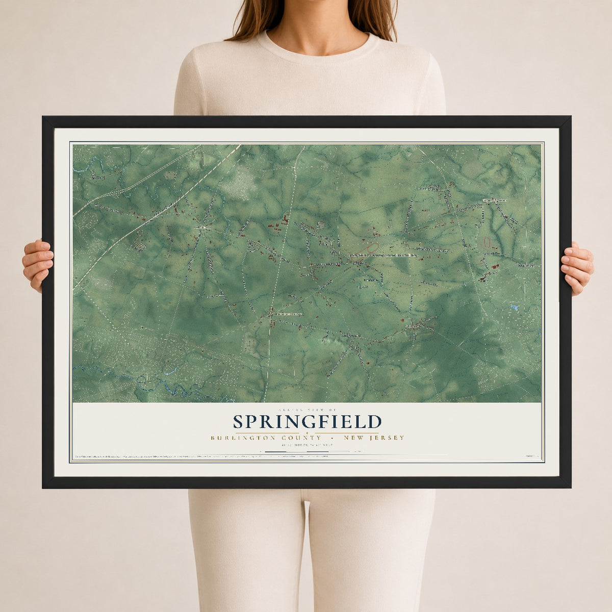 Springfield, New Jersey map print, 24" x 36" W/ Black Ayous Wood Frame mockup