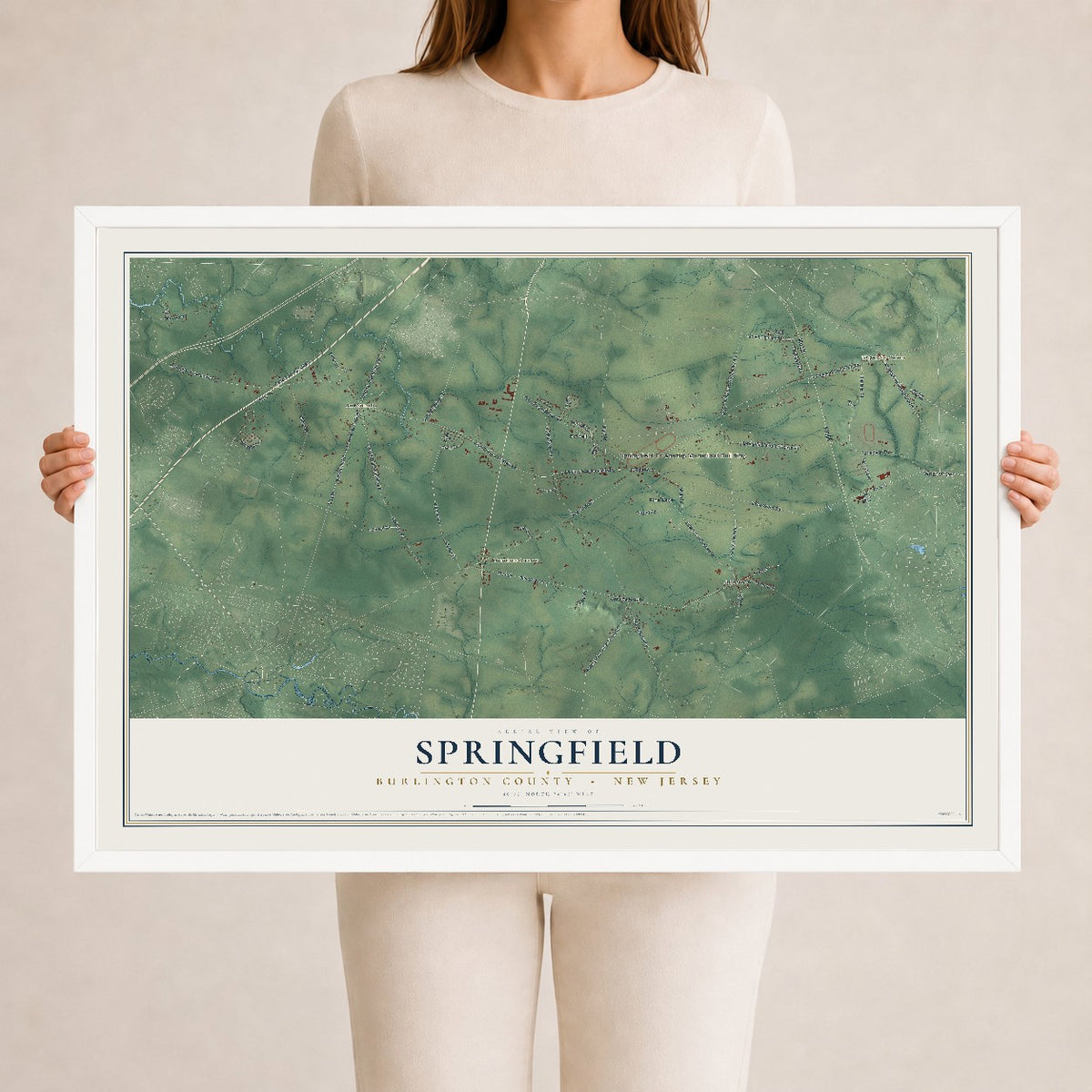 Springfield, New Jersey map print, 24" x 36" W/ White Ayous Wood Frame mockup