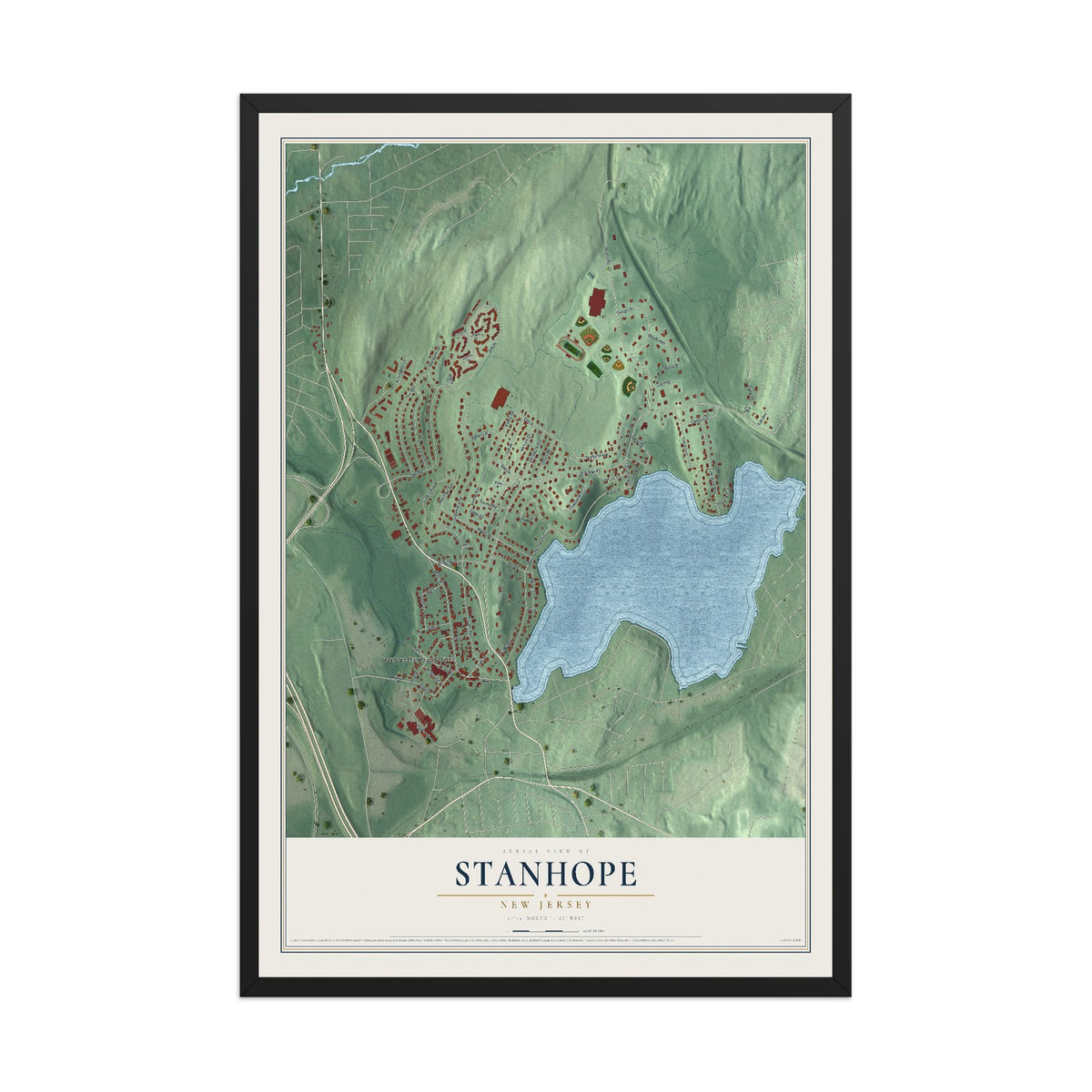Stanhope, New Jersey map print, 12" x 18" W/ Black Ayous Wood Frame mockup