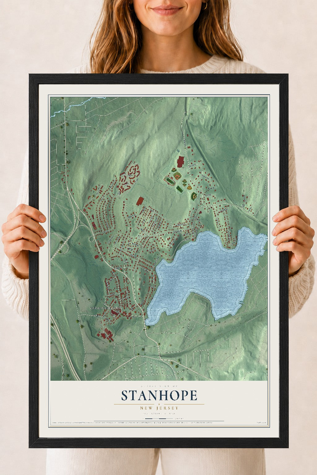 Stanhope, New Jersey map print, 18" x 24" W/ Black Ayous Wood Frame mockup