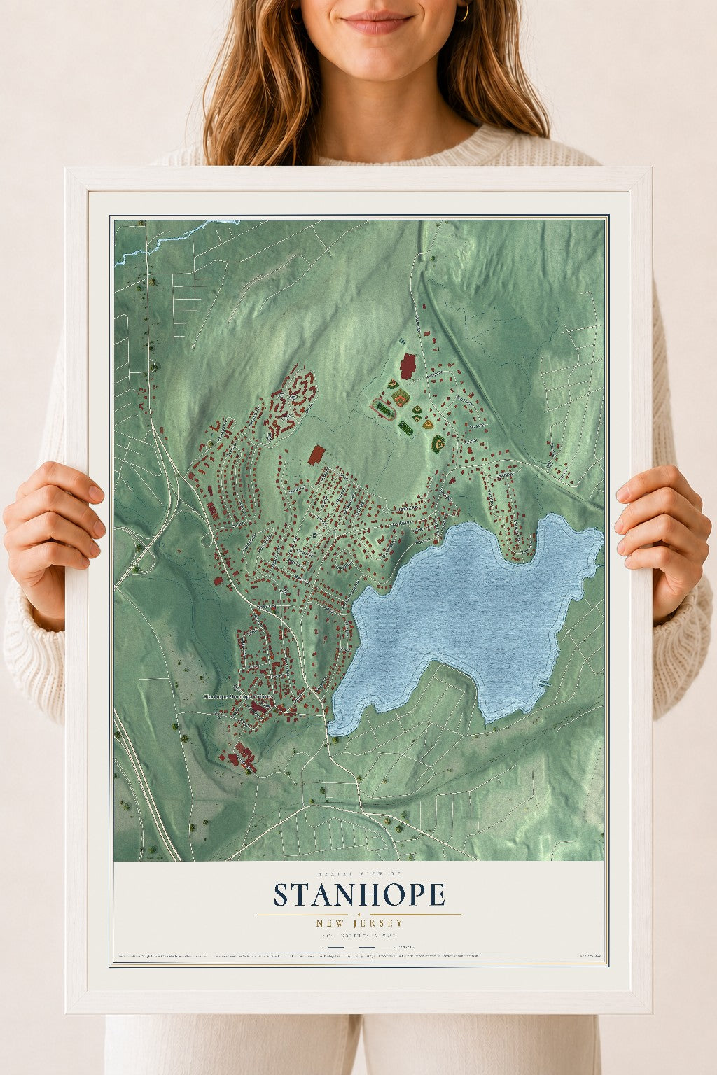 Stanhope, New Jersey map print, 18" x 24" W/ White Ayous Wood Frame mockup