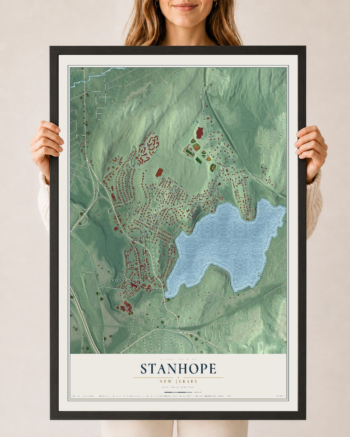 Stanhope, New Jersey map print, 24" x 36" W/ Black Ayous Wood Frame mockup