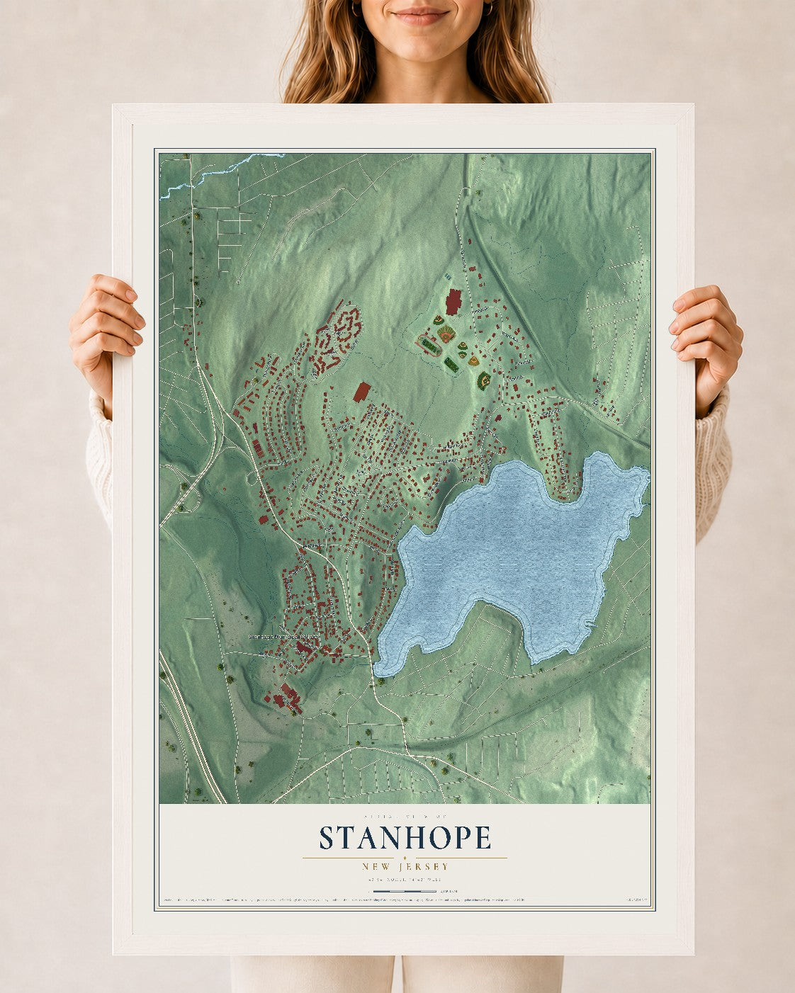 Stanhope, New Jersey map print, 24" x 36" W/ White Ayous Wood Frame mockup