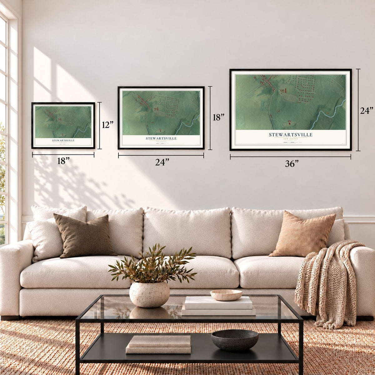 Stewartsville, New Jersey map in 12 x 18, 18 x 24 and 24 x 36 inch sizes above a sofa