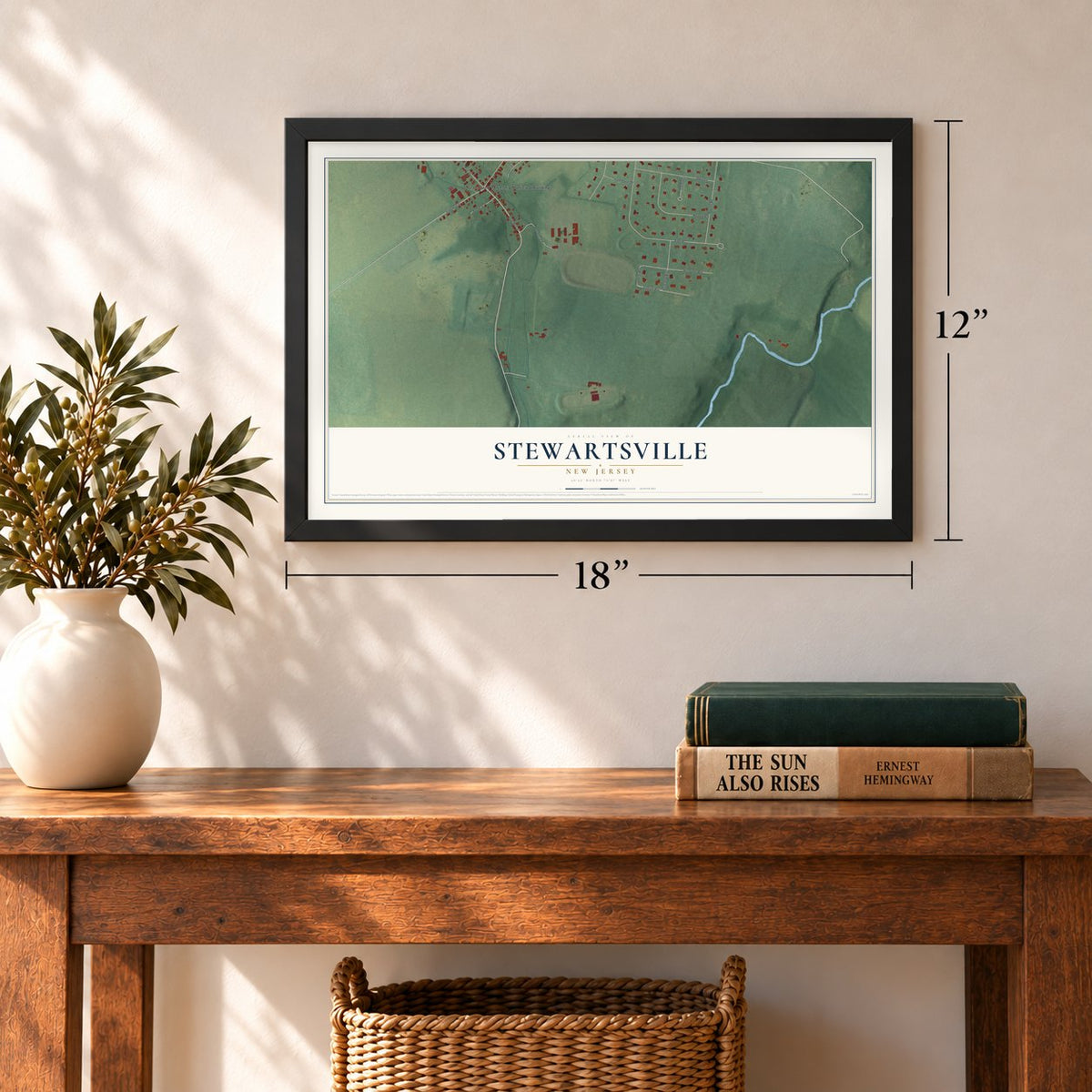 Stewartsville, New Jersey map, 12 x 18 inch print in a black frame in an entryway