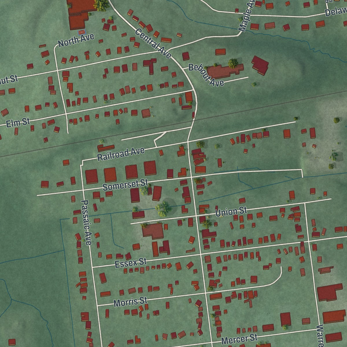 Close-up of the map of Stirling, New Jersey print showing street and building detail