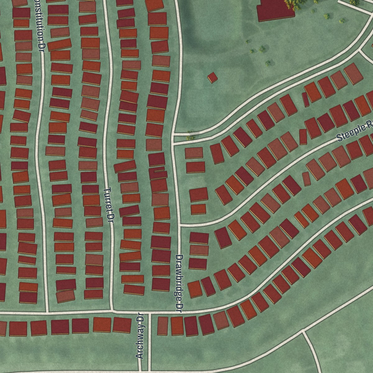 Close-up of the map of Stonebridge, New Jersey print showing street and building detail