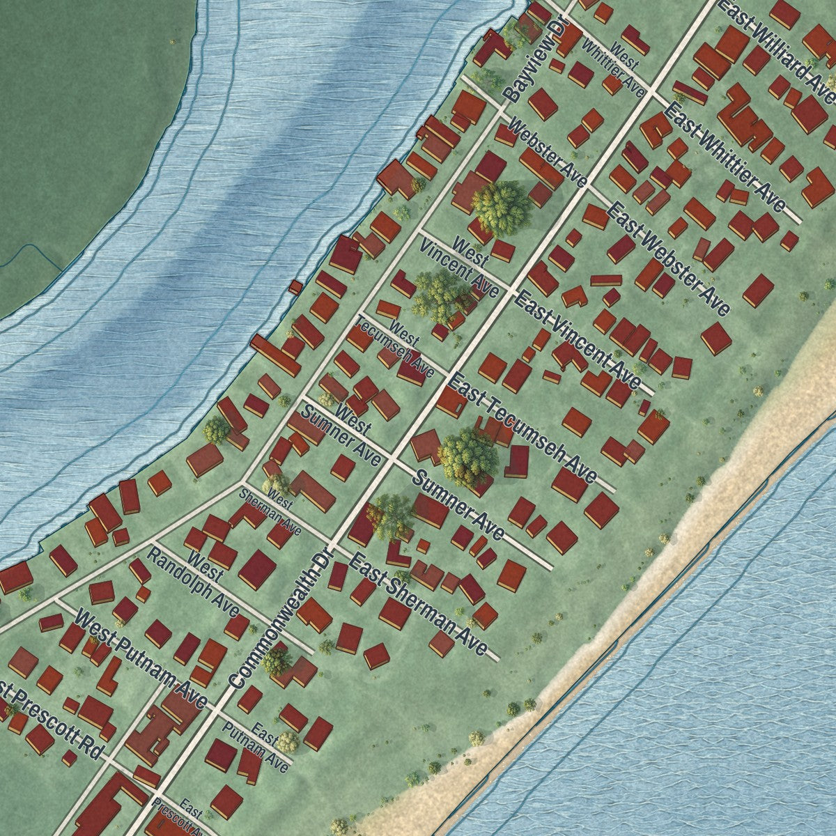 Close-up of the map of Strathmere, New Jersey print showing street and building detail