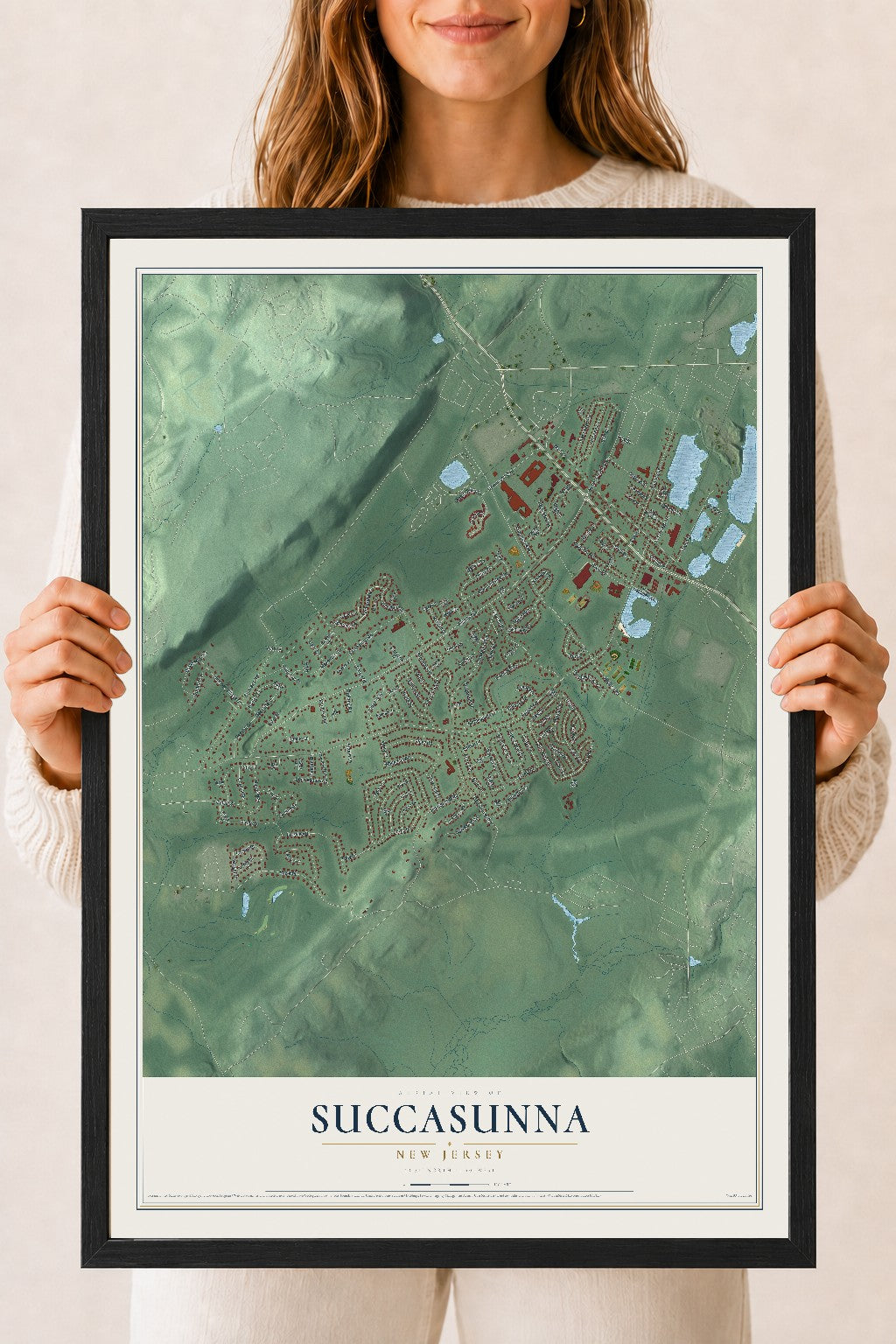 Succasunna, New Jersey map print, 18" x 24" W/ Black Ayous Wood Frame mockup