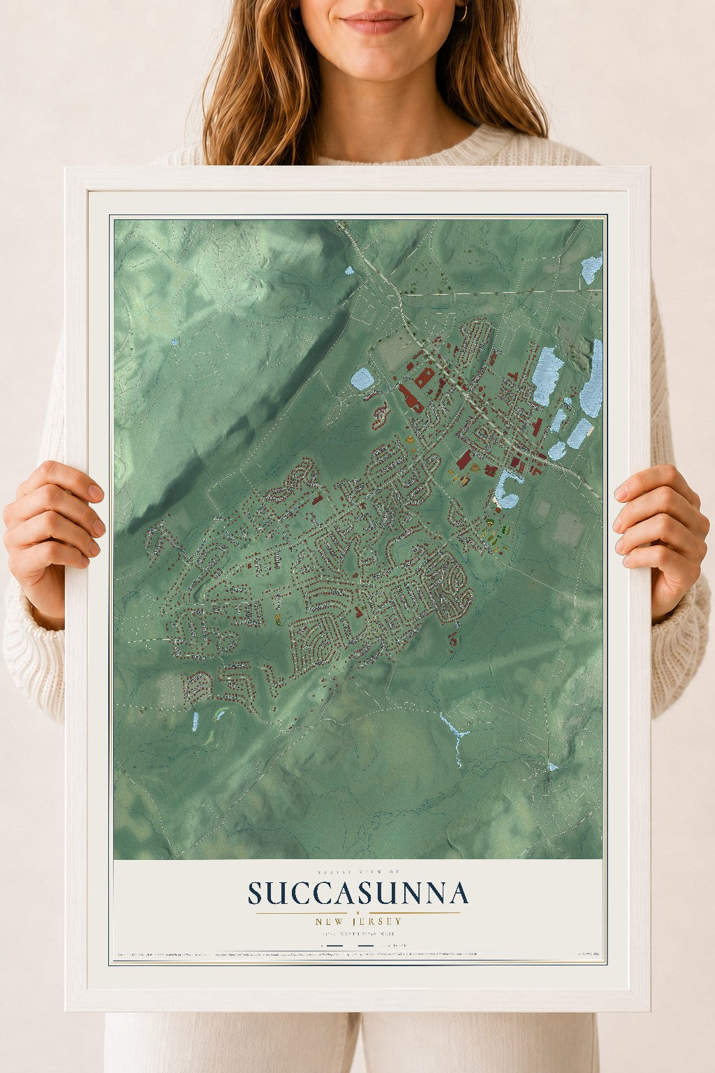 Succasunna, New Jersey map print, 18" x 24" W/ White Ayous Wood Frame mockup