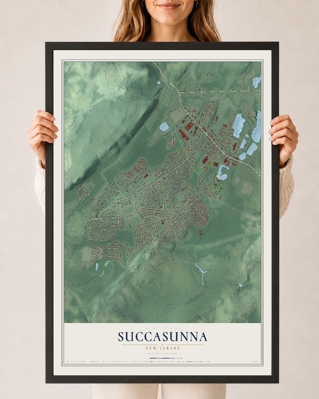 Succasunna, New Jersey map print, 24" x 36" W/ Black Ayous Wood Frame mockup