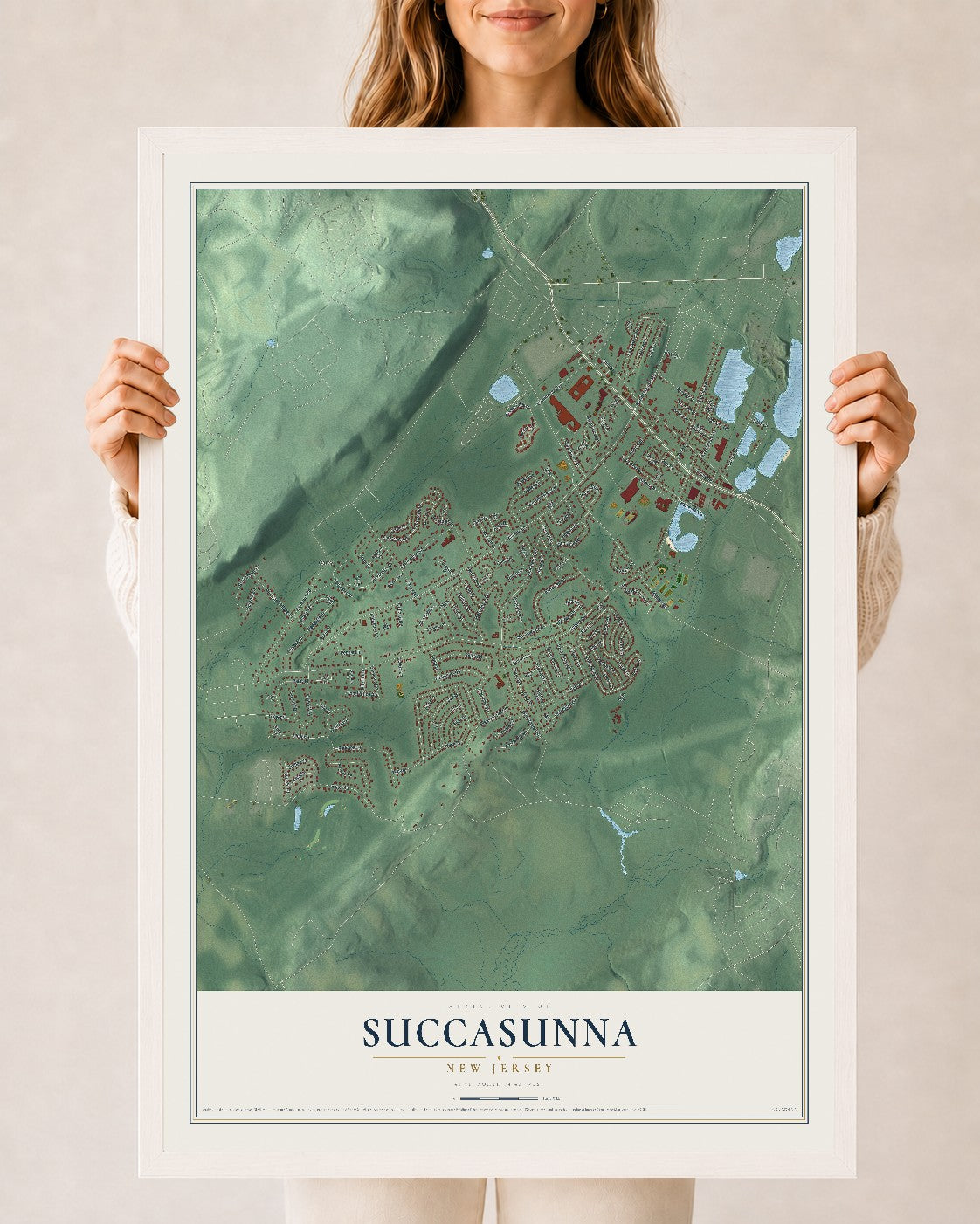 Succasunna, New Jersey map print, 24" x 36" W/ White Ayous Wood Frame mockup