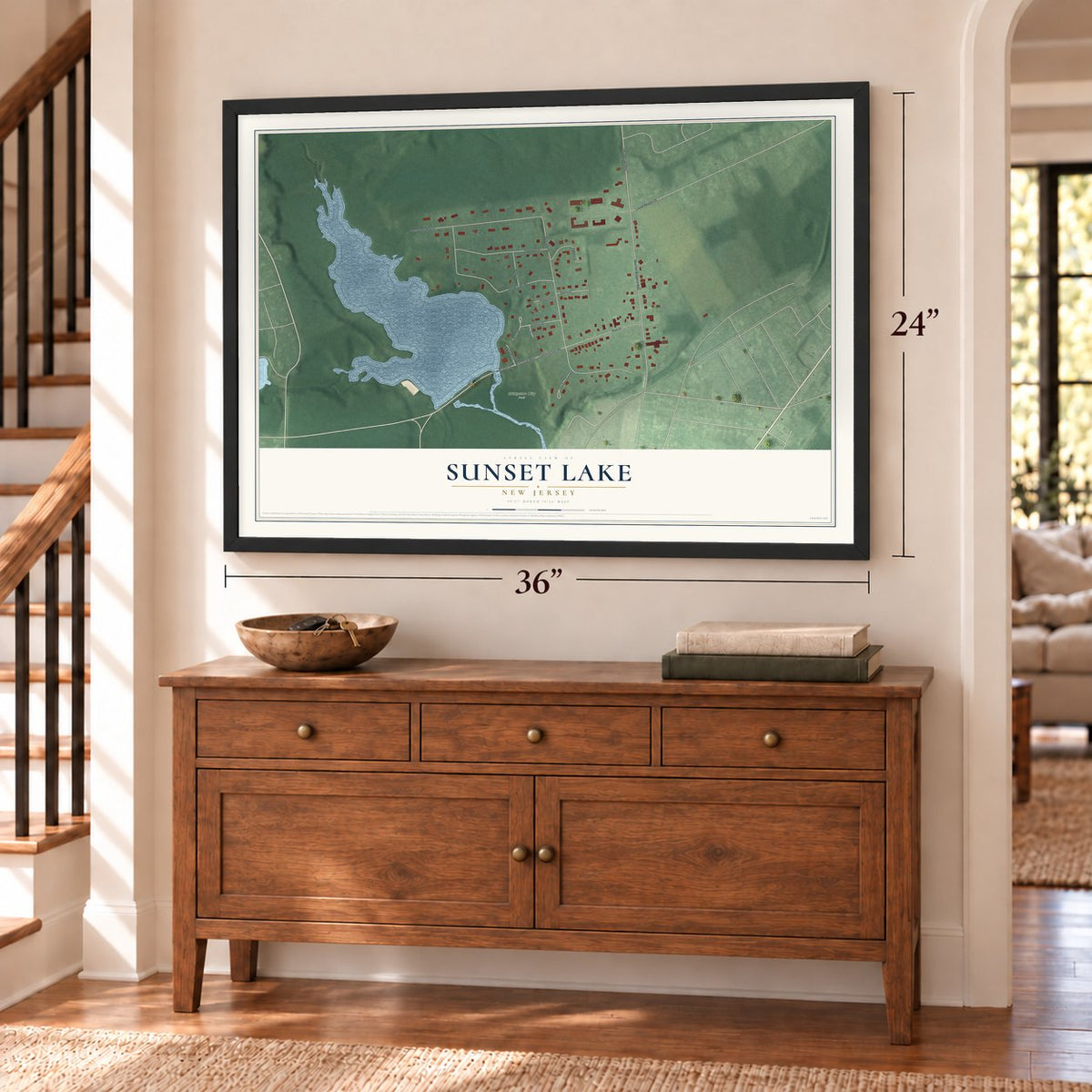 Sunset Lake, New Jersey map, 24 x 36 inch print in a black frame above a dresser by a staircase