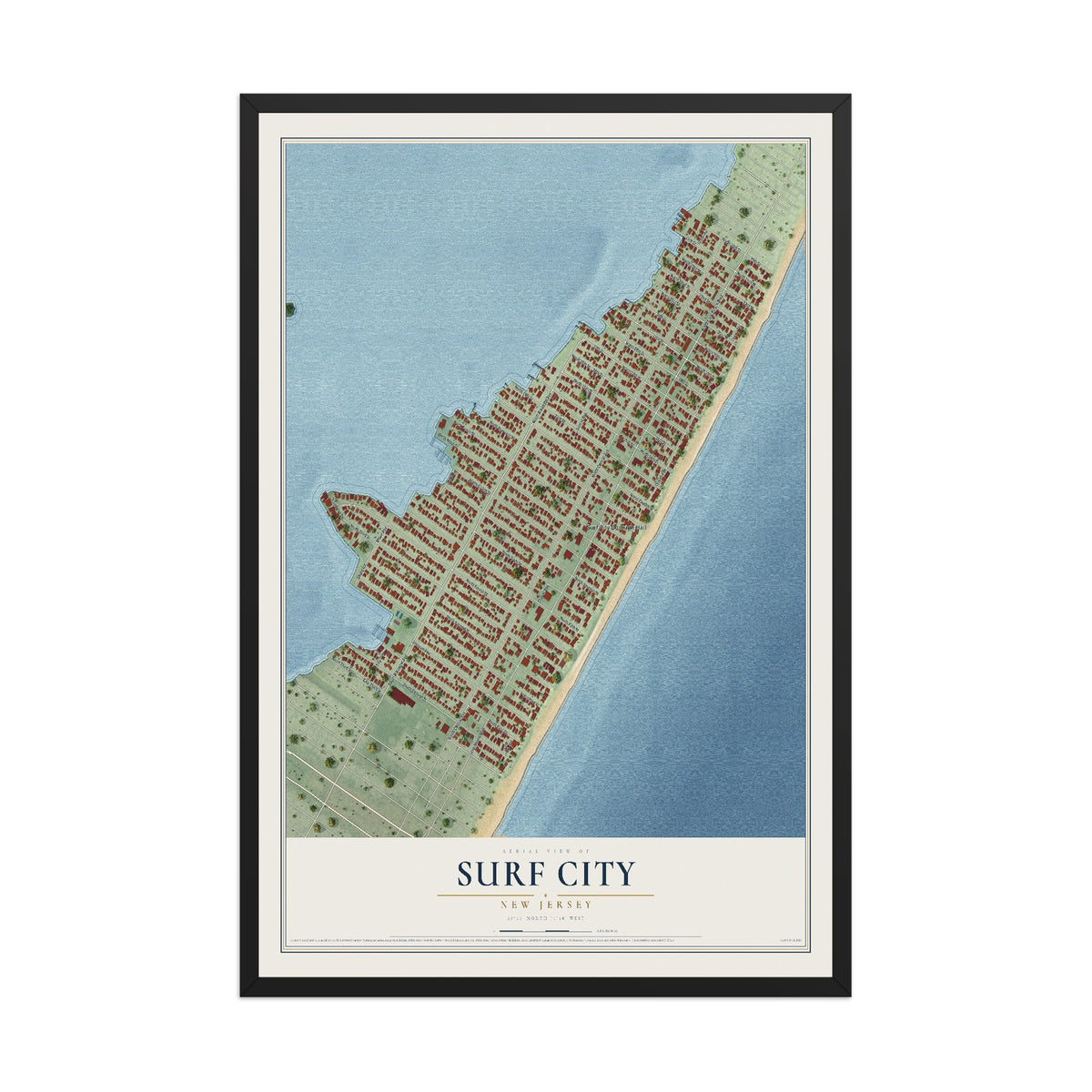 Surf City, New Jersey map print, 12" x 18" W/ Black Ayous Wood Frame mockup