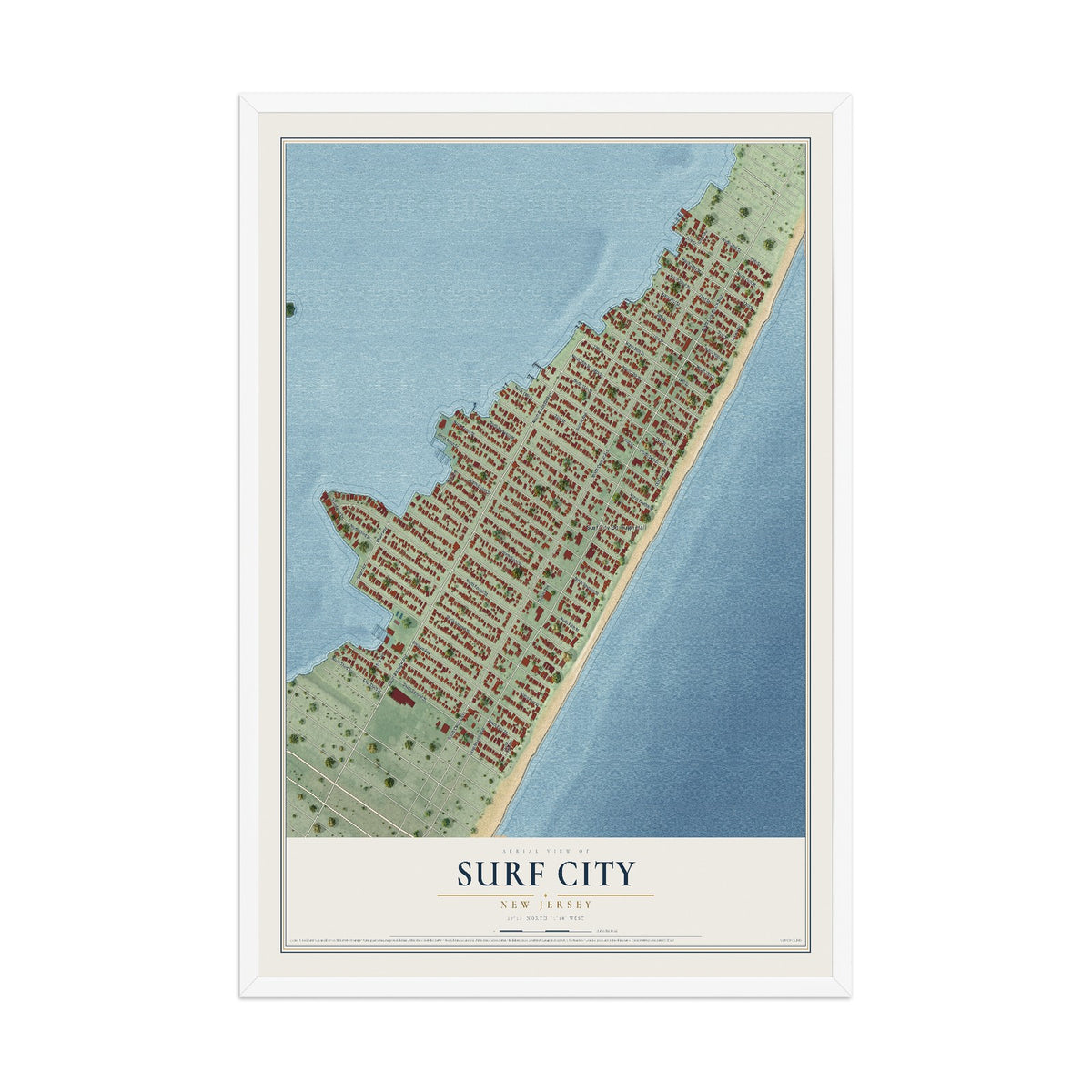 Surf City, New Jersey map print, 12" x 18" W/ White Ayous Wood Frame mockup