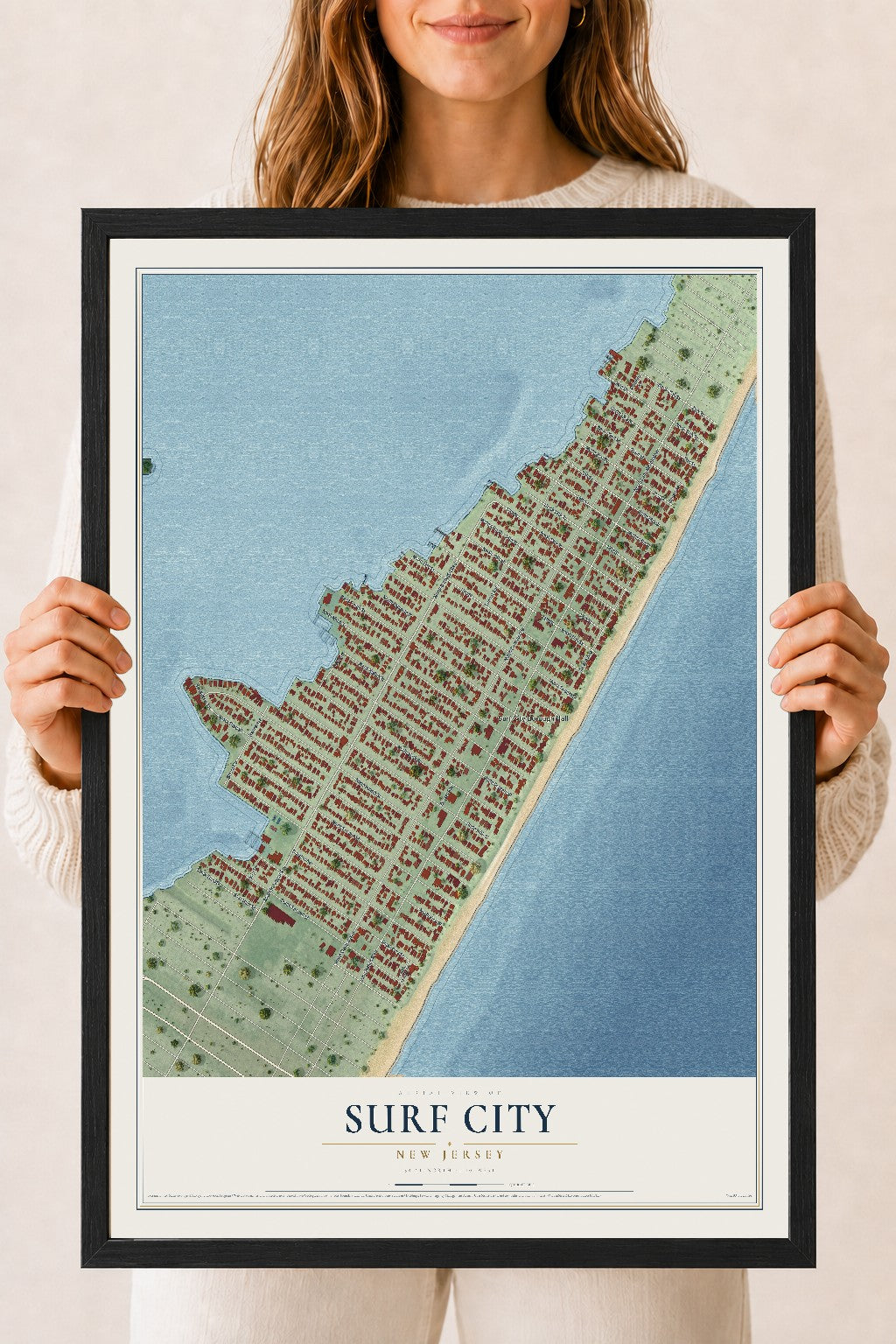 Surf City, New Jersey map print, 18" x 24" W/ Black Ayous Wood Frame mockup