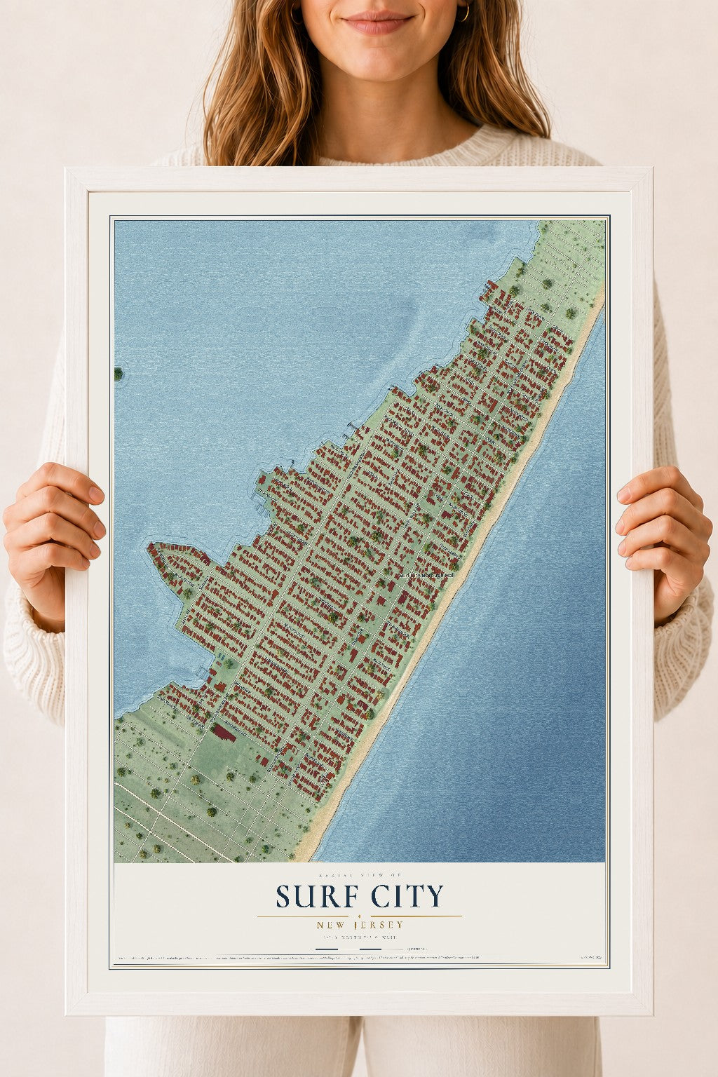 Surf City, New Jersey map print, 18" x 24" W/ White Ayous Wood Frame mockup