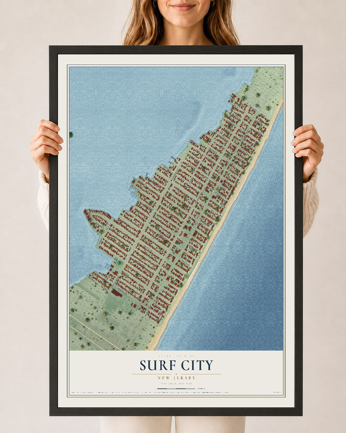 Surf City, New Jersey map print, 24" x 36" W/ Black Ayous Wood Frame mockup