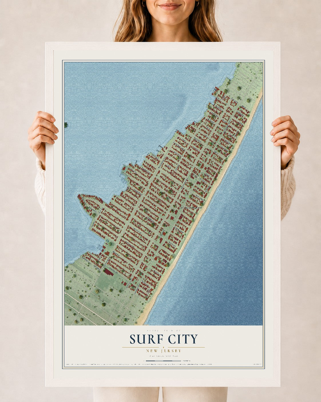 Surf City, New Jersey map print, 24" x 36" W/ White Ayous Wood Frame mockup