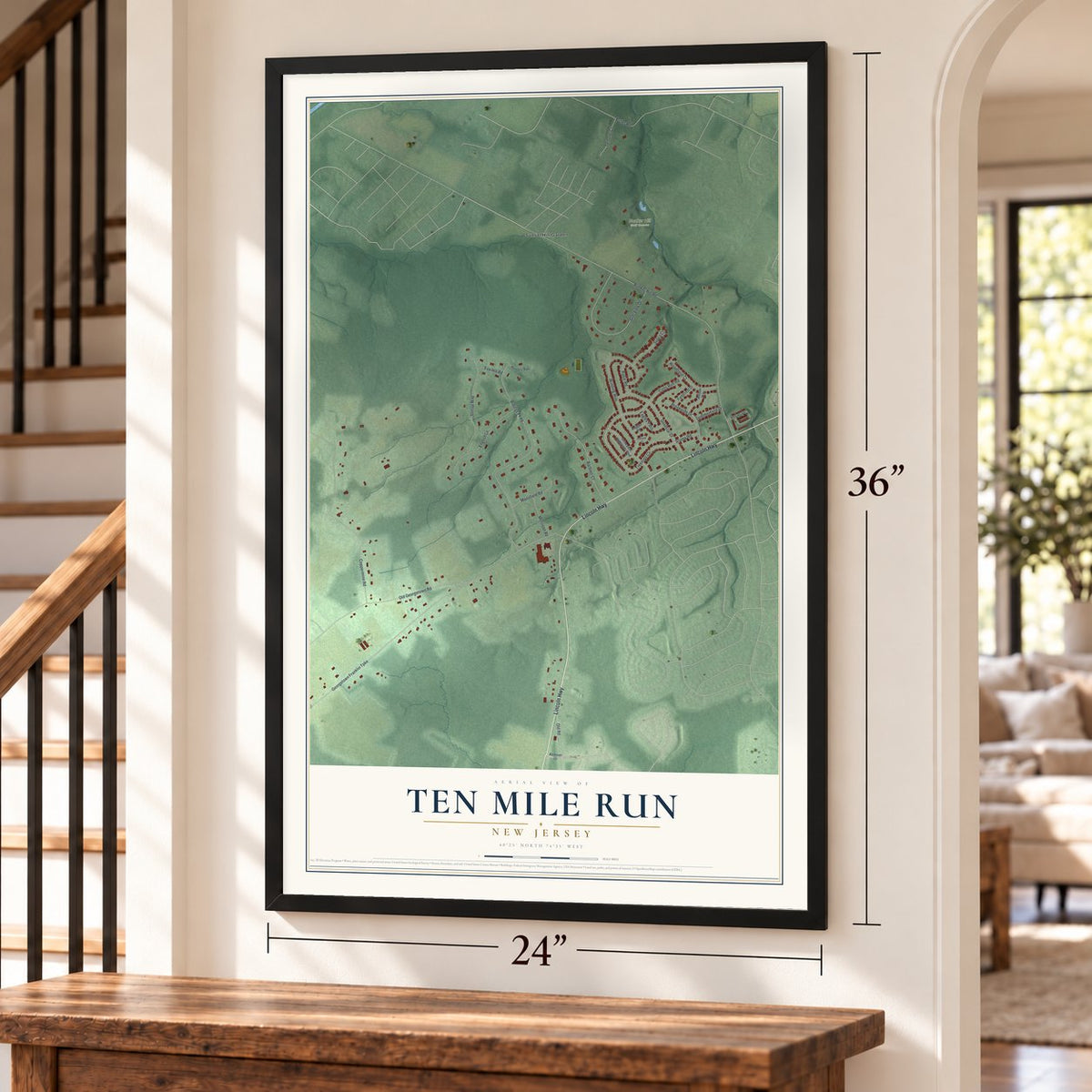 Ten Mile Run, New Jersey map, 24 x 36 inch print in a black frame by a staircase