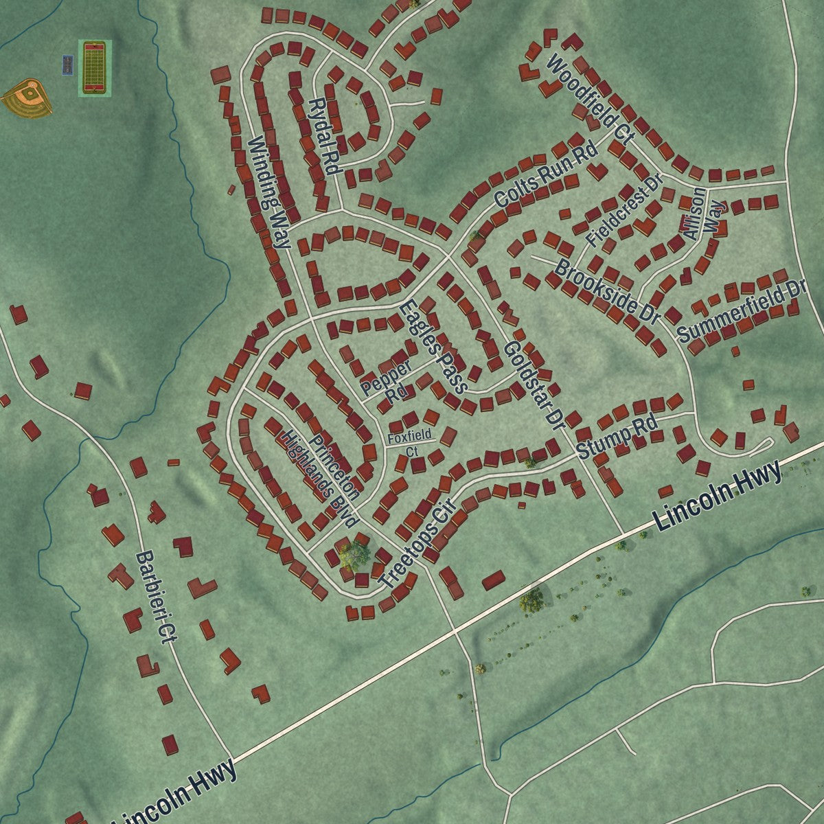 Close-up of the map of Ten Mile Run, New Jersey print showing street and building detail