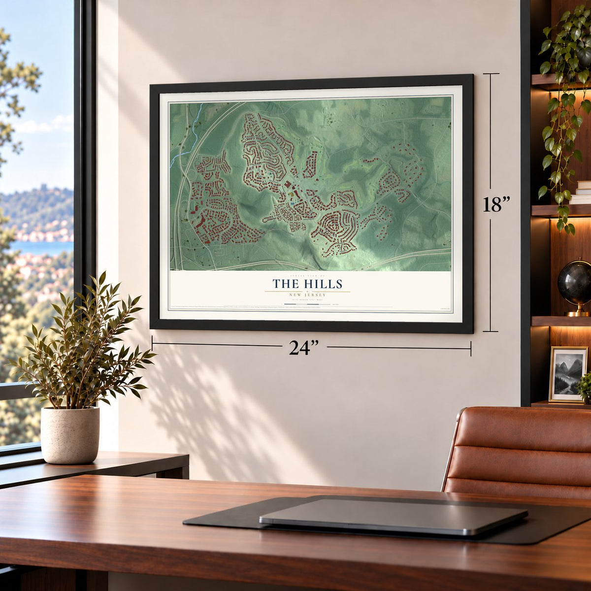 The Hills, New Jersey map, 18 x 24 inch print in a black frame in a home office