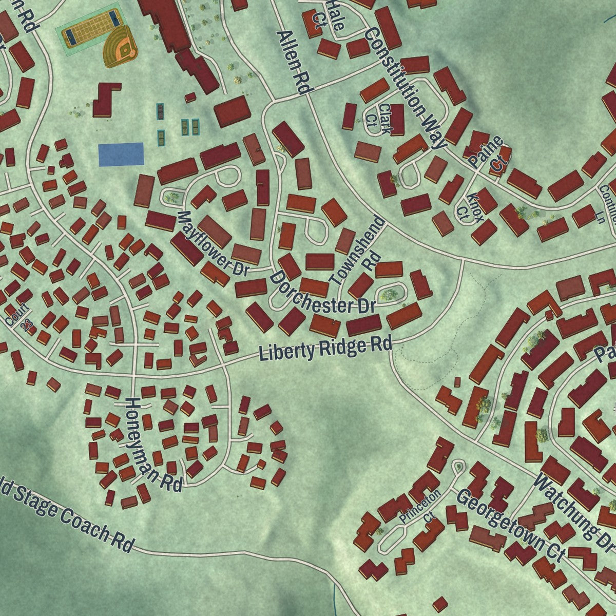 Close-up of the map of The Hills, New Jersey print showing street and building detail