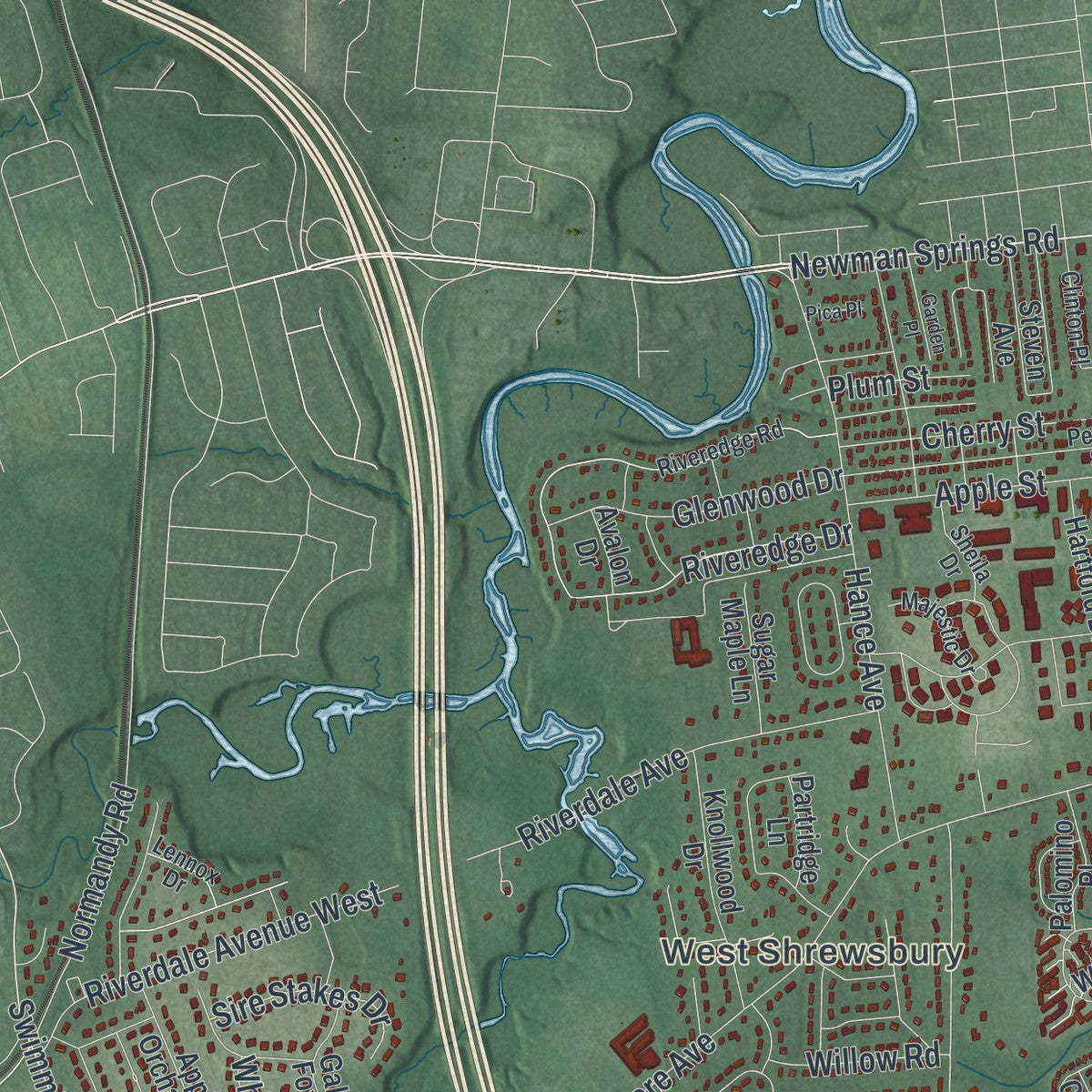 Close-up 1 of the Tinton Falls, New Jersey map artwork